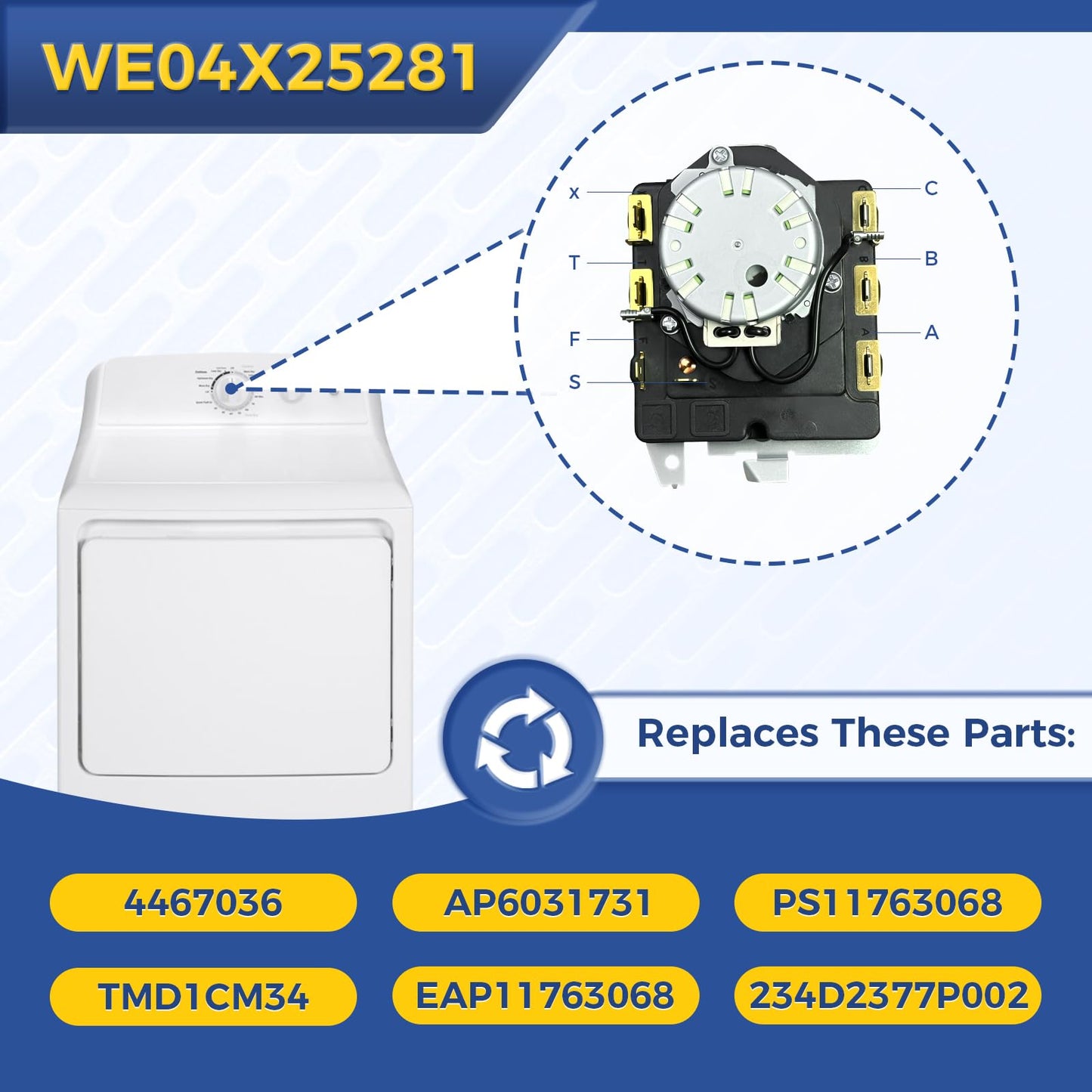 WE04X25281 Dryer Timer Compatible with GE Hotpoint, Replacement Part 4467036 AP6031731 PS11763068 EAP11763068 234D2377P002 TMD1CM34