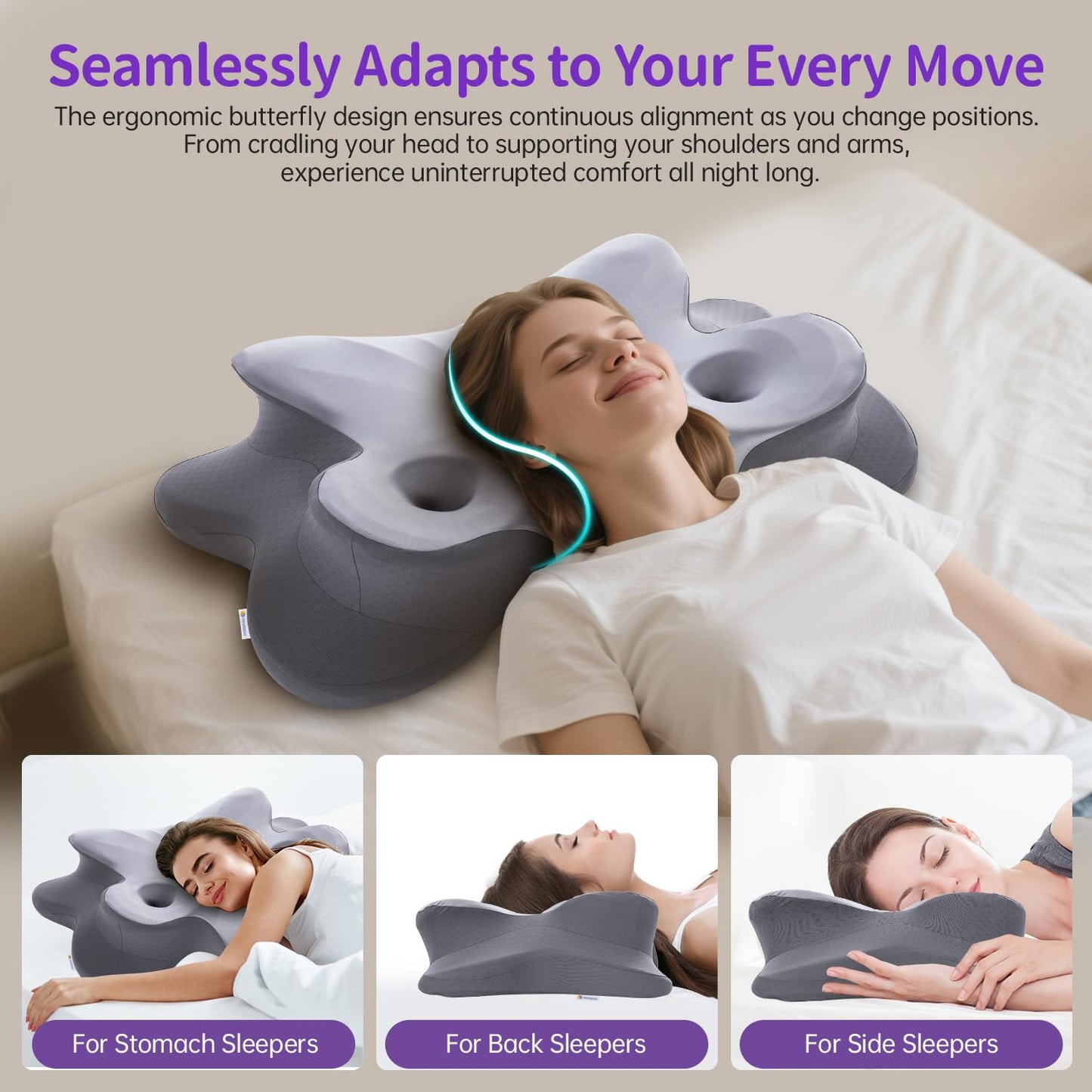 MOONOUU Piercing Pillow for Side Sleepers, Memory Foam Ear Hole Pillow for Ear Pain Relief & CNH, Cervical Neck Support Pillow, Ergonomic Butterfly Design with Cooling Cover