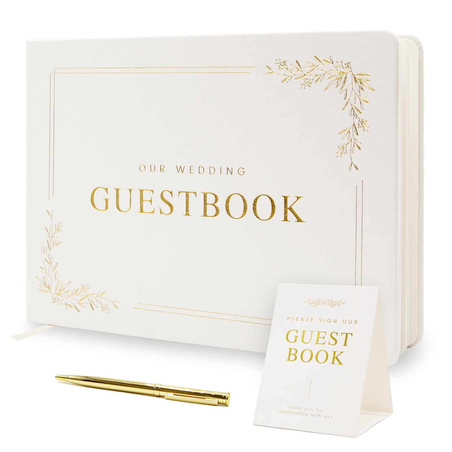 Modern Album Designs Floral Embossed Wedding Guest Book Set - 9 x 7.5 Hardcover Guestbook for Wedding Reception Sign in, Messages, Bridal Shower Engagement Party (White Cream)
