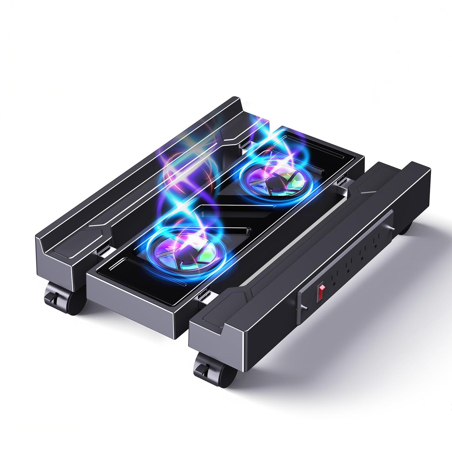 Hovadova Computer Tower Stand with Charging Station, Cooler Fan and Light, Adjustable PC Stand for Floor, Mobile CPU Stand with 4 Caster Wheels, Under Desk CPU Holder Fits Most PC Tower
