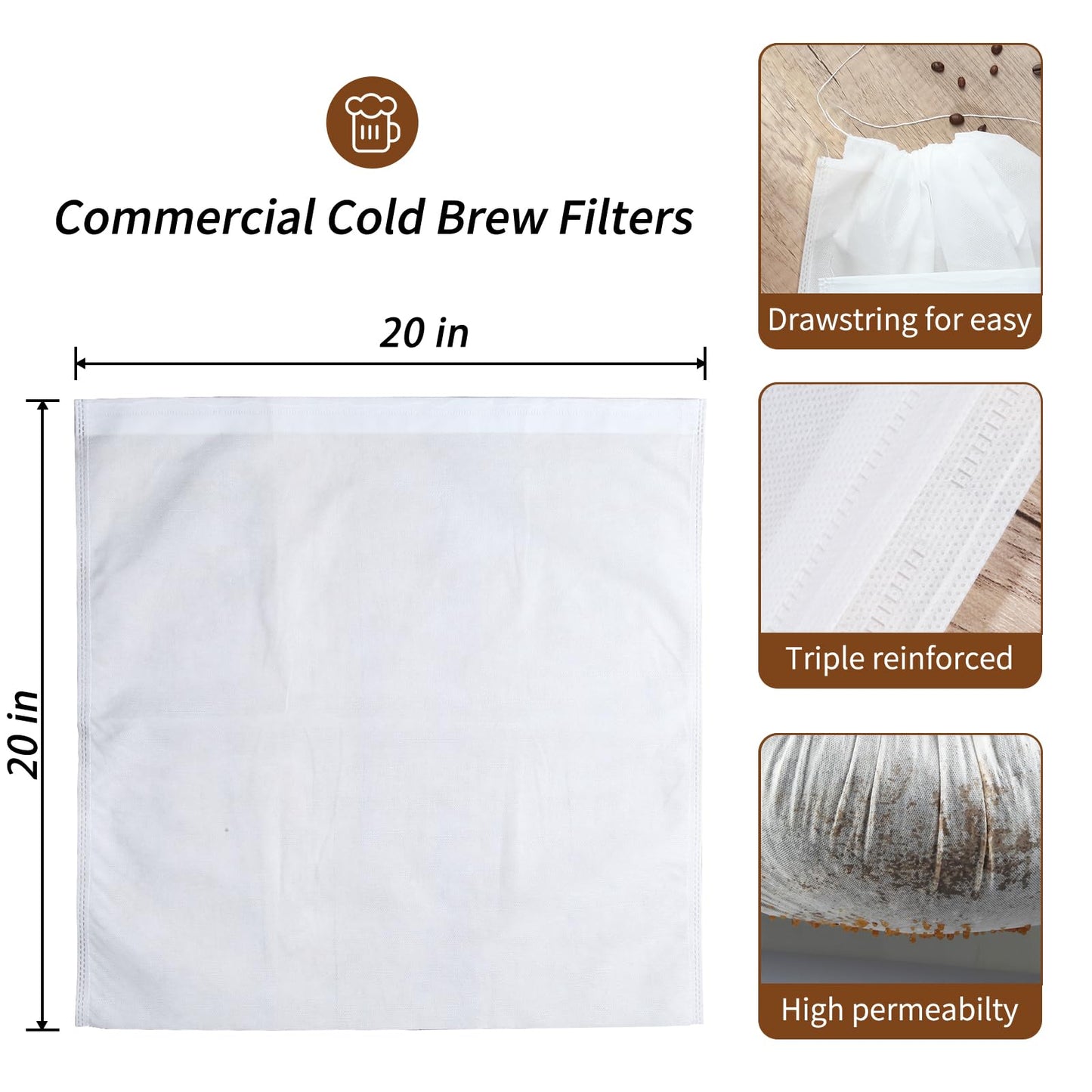 50Pcs Commercial Cold Brew Coffee Filters for 5 Gallon Buckets, 20" X 20" Disposable Coffee Filters with Drawstring for Brew Up To 5 LBS Coffee