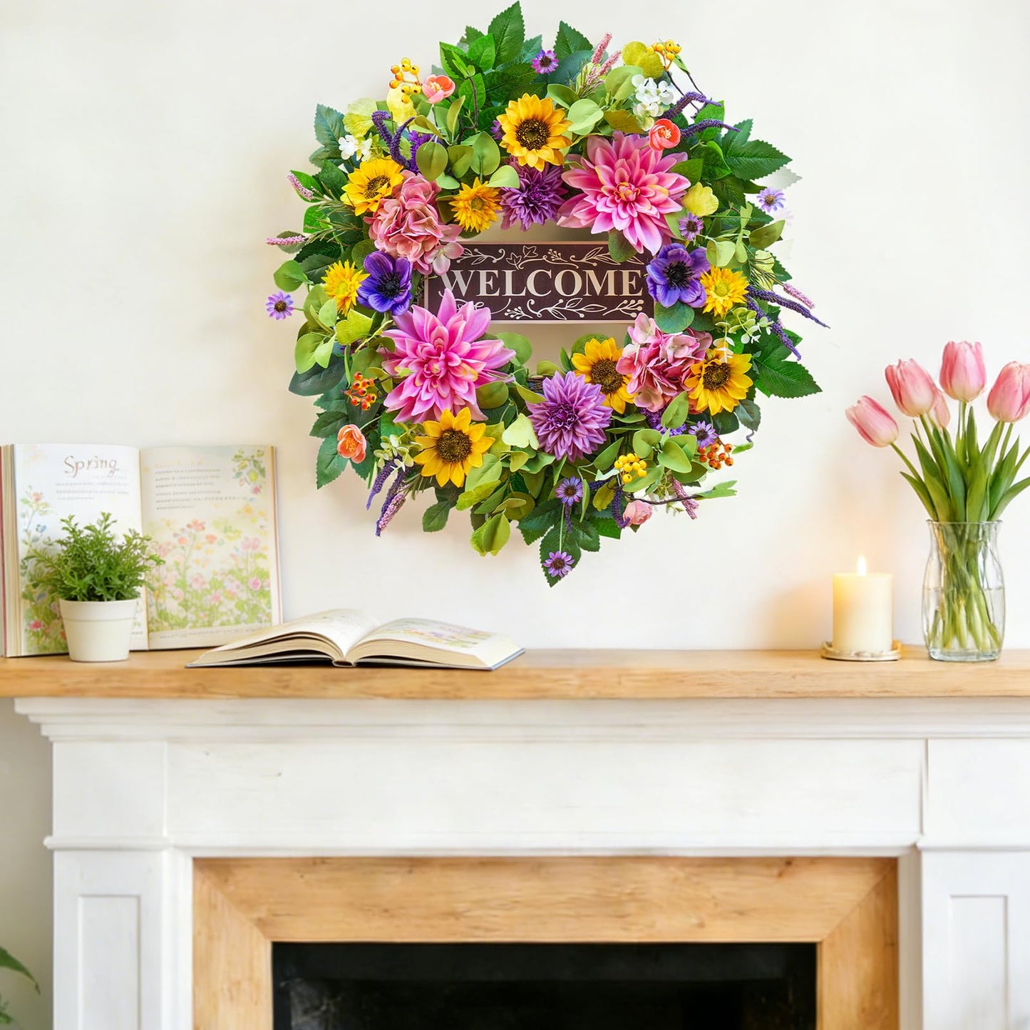 Spring and Summer Wreaths for Front Door 24 Inch Summer Wreath with Lifelike Sunflower,Pink and Purple Dahlia Spring Door Wreath with Welcome Sign,Outdoor Decor