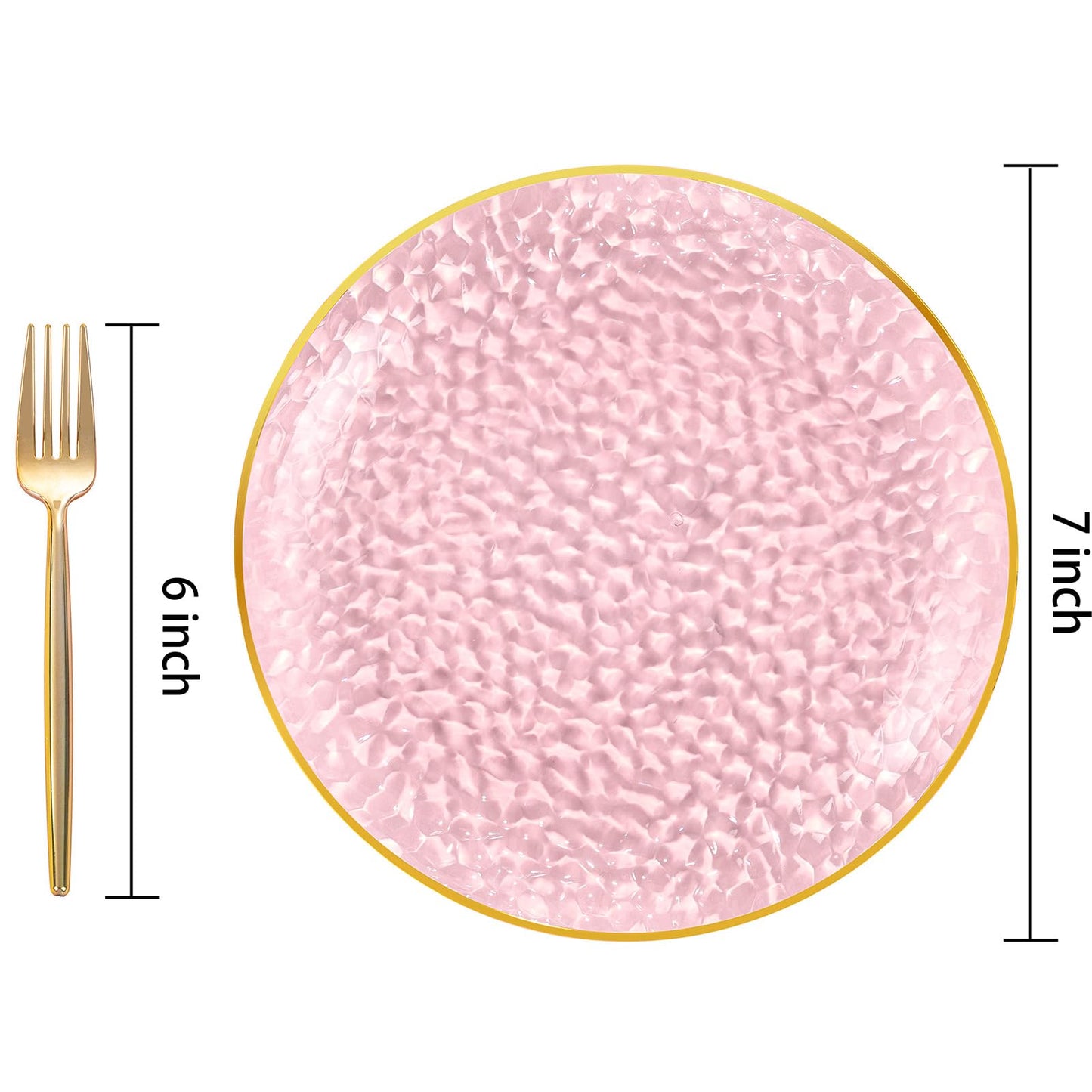 DaYammi 240Pcs Pink Plastic Plates Including 120Pcs Pink Dessert Plates and 120Pcs Gold Plastic Forks,Hammered Party Plate,pink and Gold Appetizer plates Heavy duty Disposable Cake Plate for Party