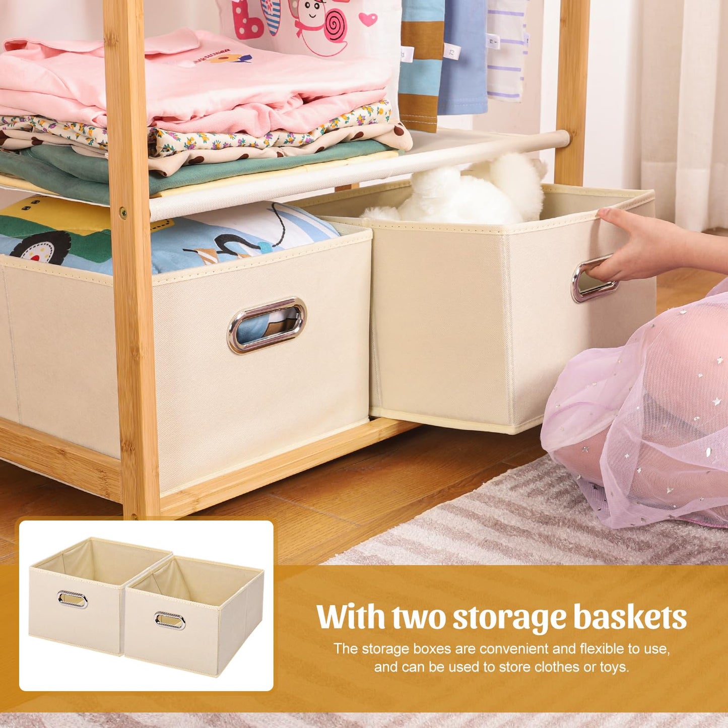 Vilaxing Kids Clothing Rack Bamboo with 2 Storage Baskets and 2 Adjustable Hanging Rods,Child Garment Holder with Shelf, Dress up Racks for Playroom,Toddlers Bedroom (Natural)