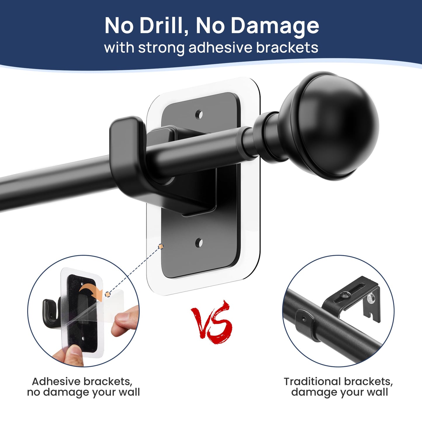 ENJOYBASICS No Drill Curtain Rods for Window 66 to 120 Inches, 5/8 Inch Diameter Renter Friendly Drapery Rod with Adhesive Brackets without Drilling, Adjustable from 27 to 130 Inches, Black