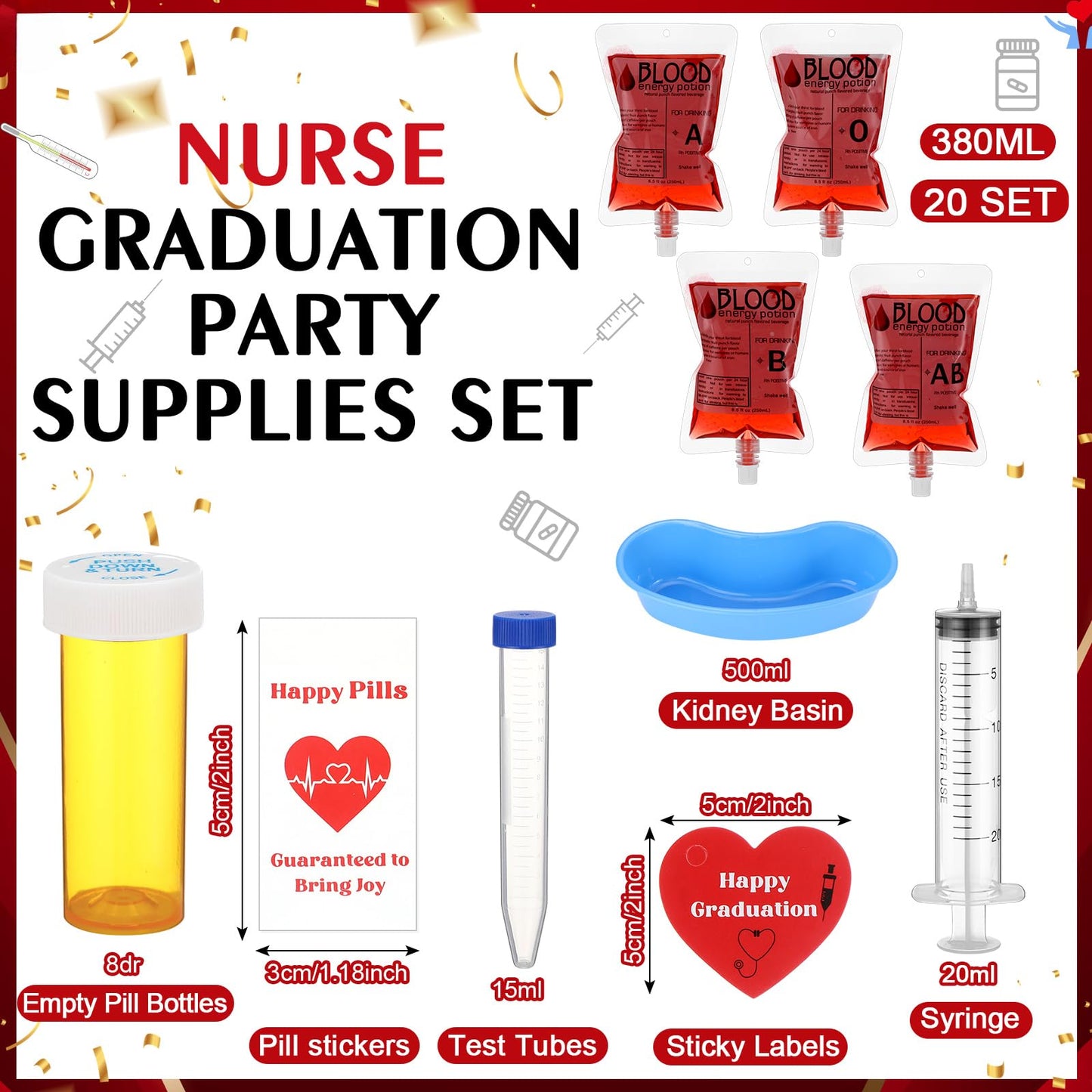 123 Pcs Nurse Graduation Party Supplies Set, Iv Blood Bag for Drink Dram Pill Bottles Test Tube Syringe Kidney Basin for Nurse Week Bsn Rn Lpn School College Nursing Graduation Party Favors Decoration