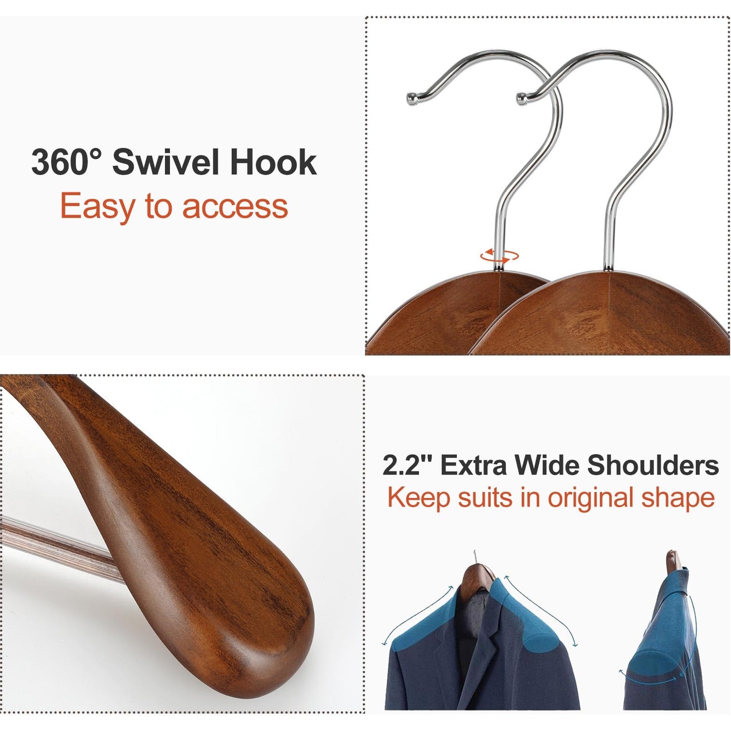 TOPIA HANGER Wide Shoulder Wooden Hangers, Suit Hangers with Non Slip Pants Bar & 360° Swivel Hook, Solid Wood Heavy Duty Coat Hanger, 10 Pack (Walnut)-CT02WA-10