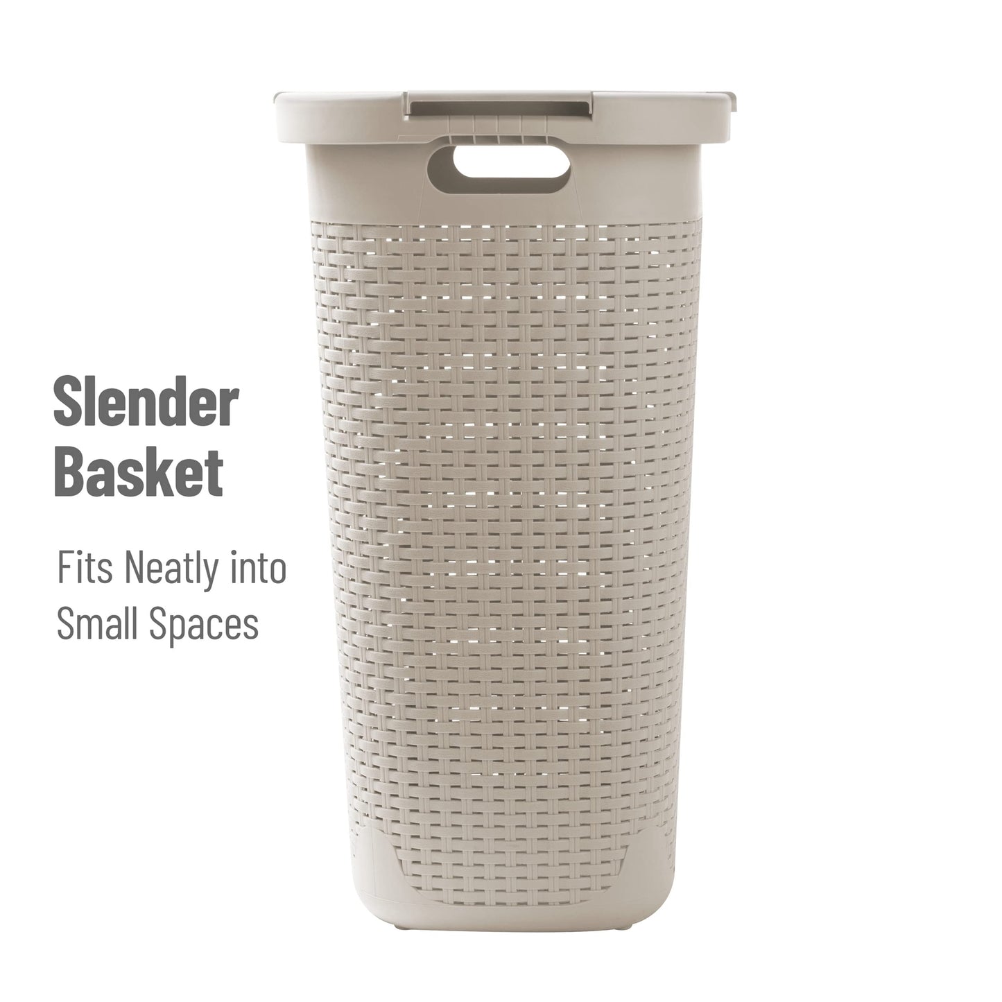 Mind Reader Slim Laundry Hamper with Lid, 60L Tall Clothes Basket, Narrow Tapered Design for Bathrooms, Closets and Laundry Rooms, Plastic, Ivory