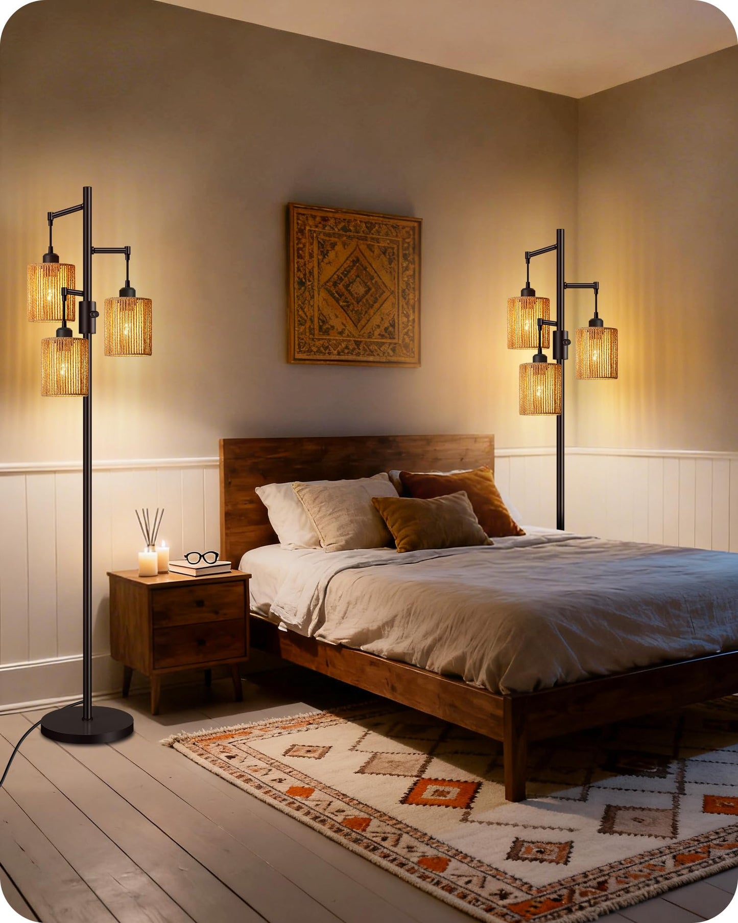GOEBLESON Dimmable Floor Lamp, Farmhouse Tall Standing 70.3" Tree Lamp with 3 Rope Woven Lampshades, Boho Rattan Floor Lights, 4W 3 LED Bulbs Included, for Living Room, Bedroom, Study, Office AB03LD05
