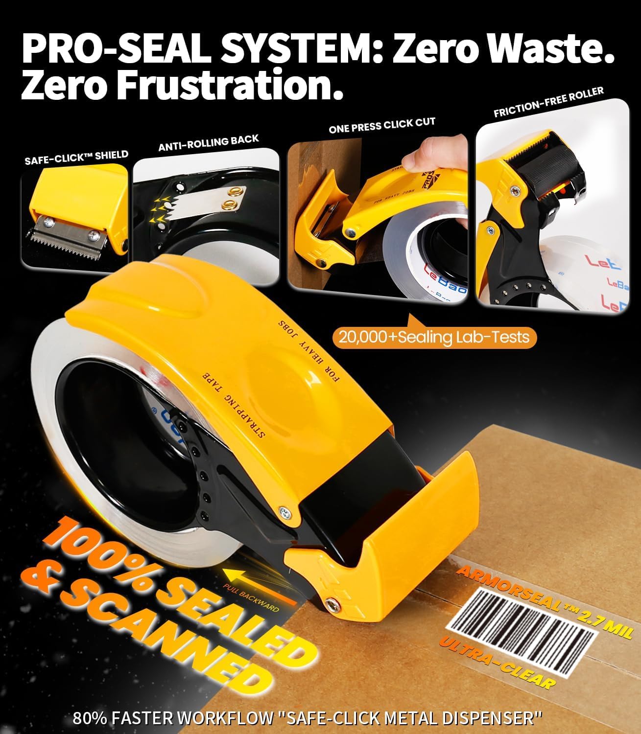 LeBao Clear Heavy Duty Shipping Packing Tape with Metal Dispenser, 12 Rolls 2.7 Mil Thick Ultra Strong Packaging Tape Refills Extreme Grip for Moving, Packaging, Storage Boxes Sealing 1.88 in x 60 Yds