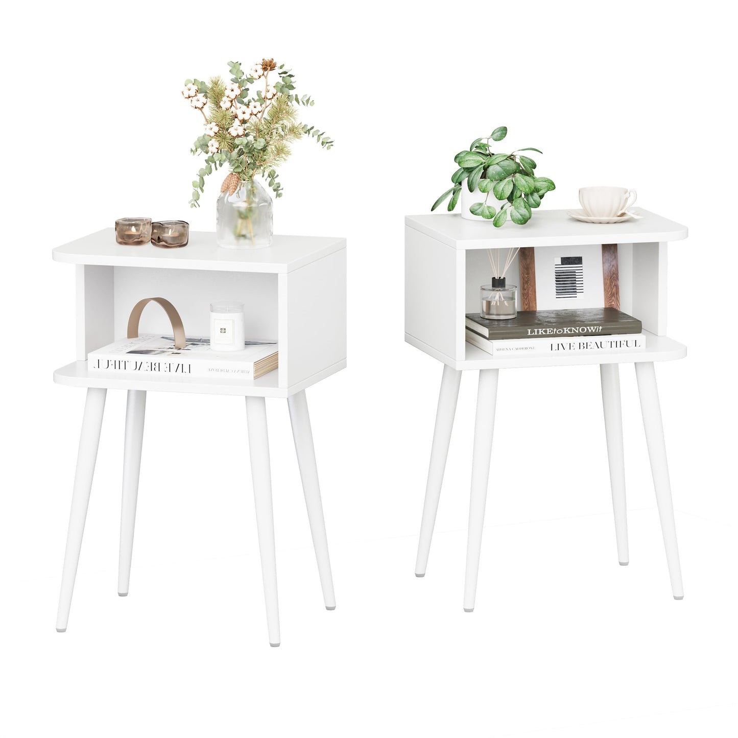 White Nightstand Set of 2, Small Bed Side Table for Small Spaces, Mid Century Modern Nightstand End Table with Open Storage, Side Table for Bedroom Living Room, MLBZ20W-2
