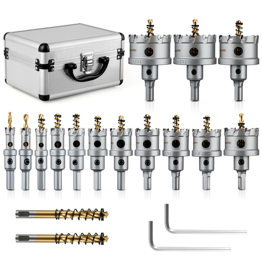 16PCS TCT Hole Saw Kit for Metal, 5/8" to 2-1/8" Tungsten Carbide Tipped Hole Cutter Set, Stainless Steel, Iron, Wood, Plastic