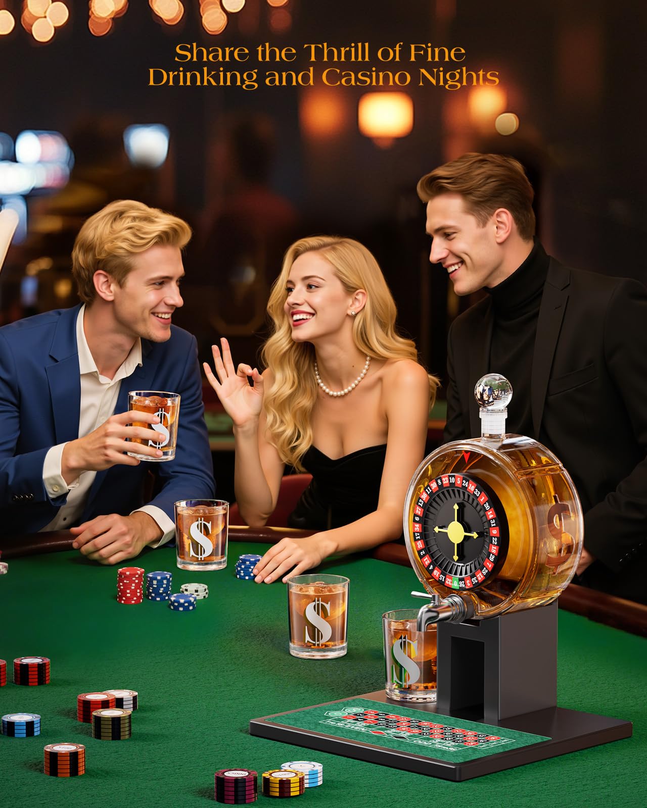 Kollea Roulette Whiskey Decanter Set, 60.9 Oz Casino-Style Slot Decanter with 4 Dollar Glasses, New Year Birthday Gifts for Men Dad, Him, Liquor Dispenser for Anniversary, Bar, Poker Night, Men Cave