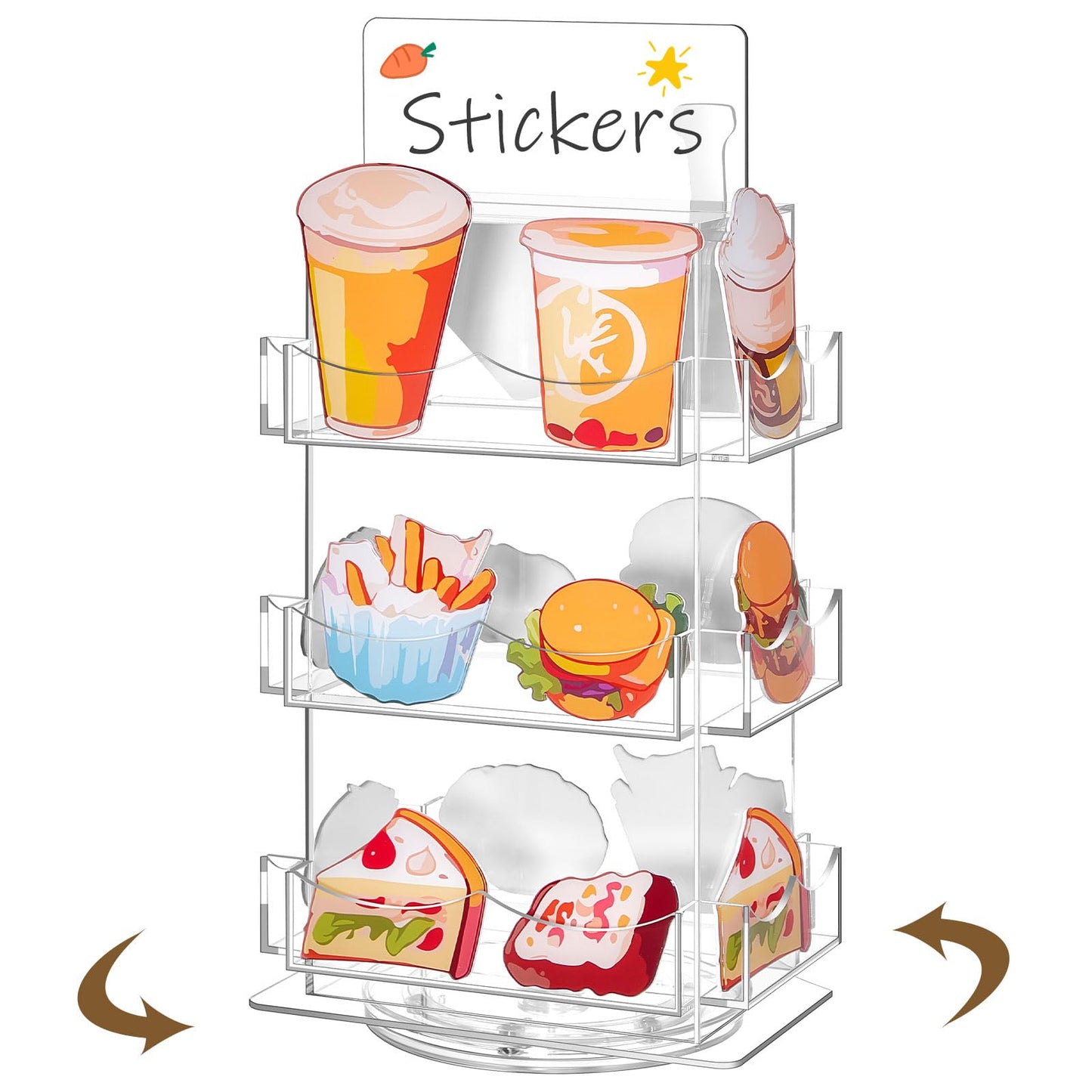 Marsui Sticker Display Stand, 3 Tier Rotating 4 Sided Sticker Holder, 360° Rotating No Assembly Required Clear Acrylic for Bookmark, Stickers, Greeting Card for Vendors(12.6 x 8.07 x 5.9 Inches)