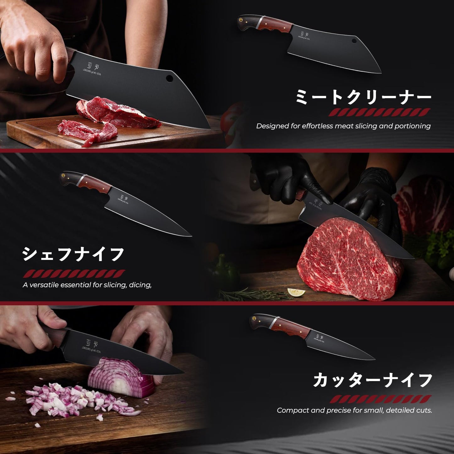 DRGSKL Japanese Chef Knife Set - 3 PCS Kitchen Utility Knife Sets for Cooking, Meat Cleaver Knives Set with Full Tang Wooden Handle, Gifts for Men and Women