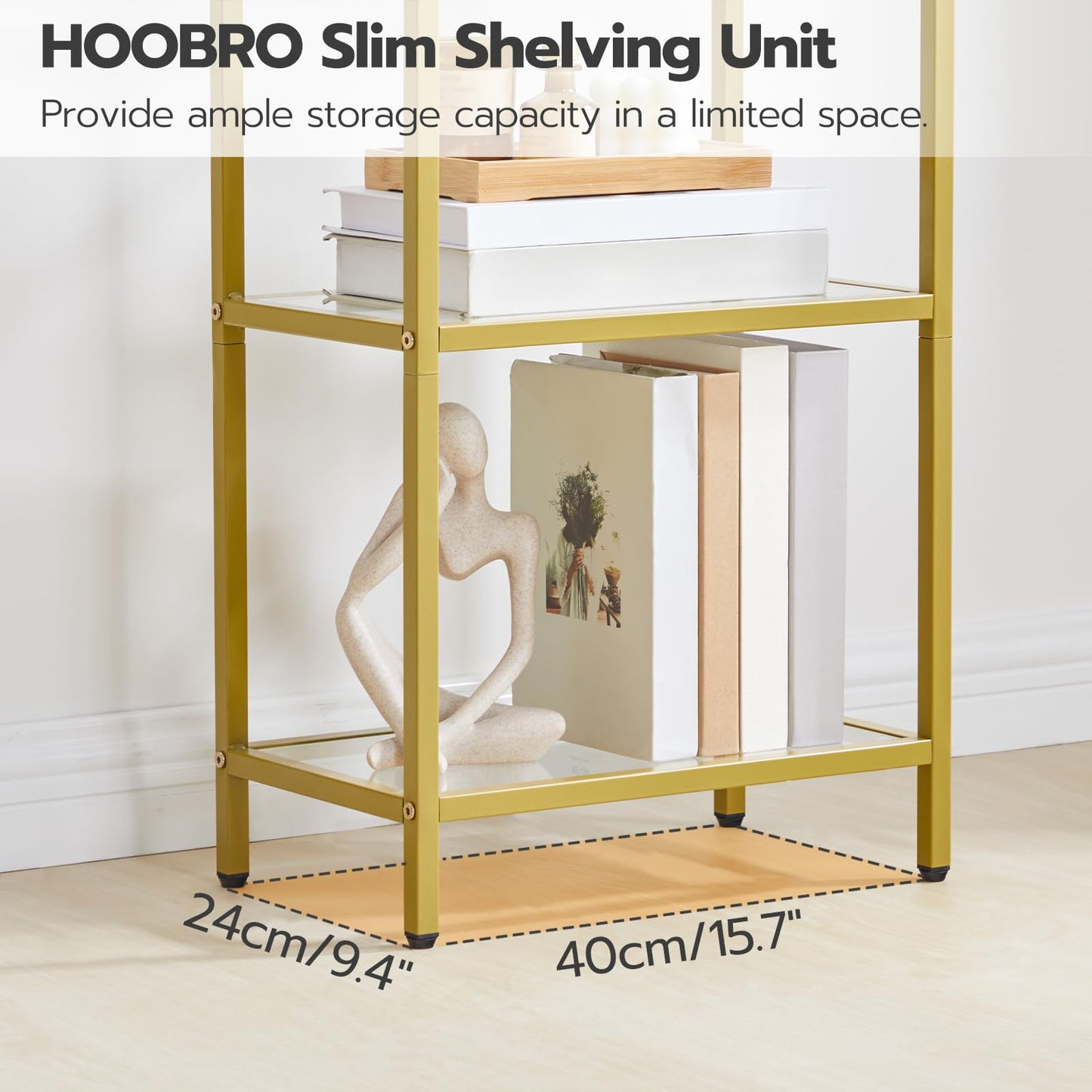 HOOBRO 5-Tier Gold Shelf, Narrow Book Shelf, Display Cabinet with Glass Bookcase, Corner Shelf Storage for Small Spaces, for Home Office, Living Room, Bedroom, Gold GD45SJ01