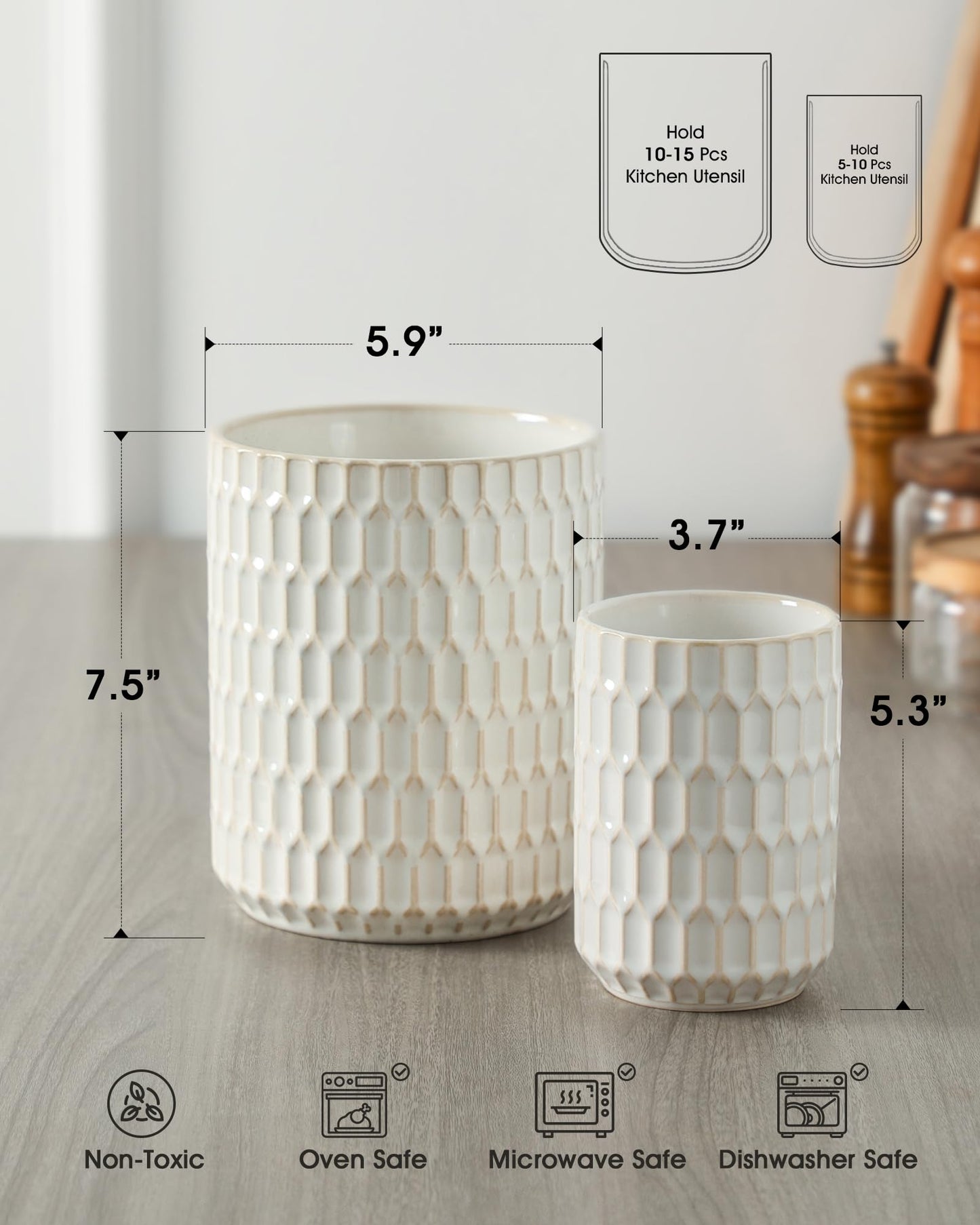 ArteBake Utensil Holder, 7.5"+5.3" Ceramic Kitchen Utensil Holder for Countertop, Large Cooking Utensil Crock for Kitchen Counter, Set of 2, Beige