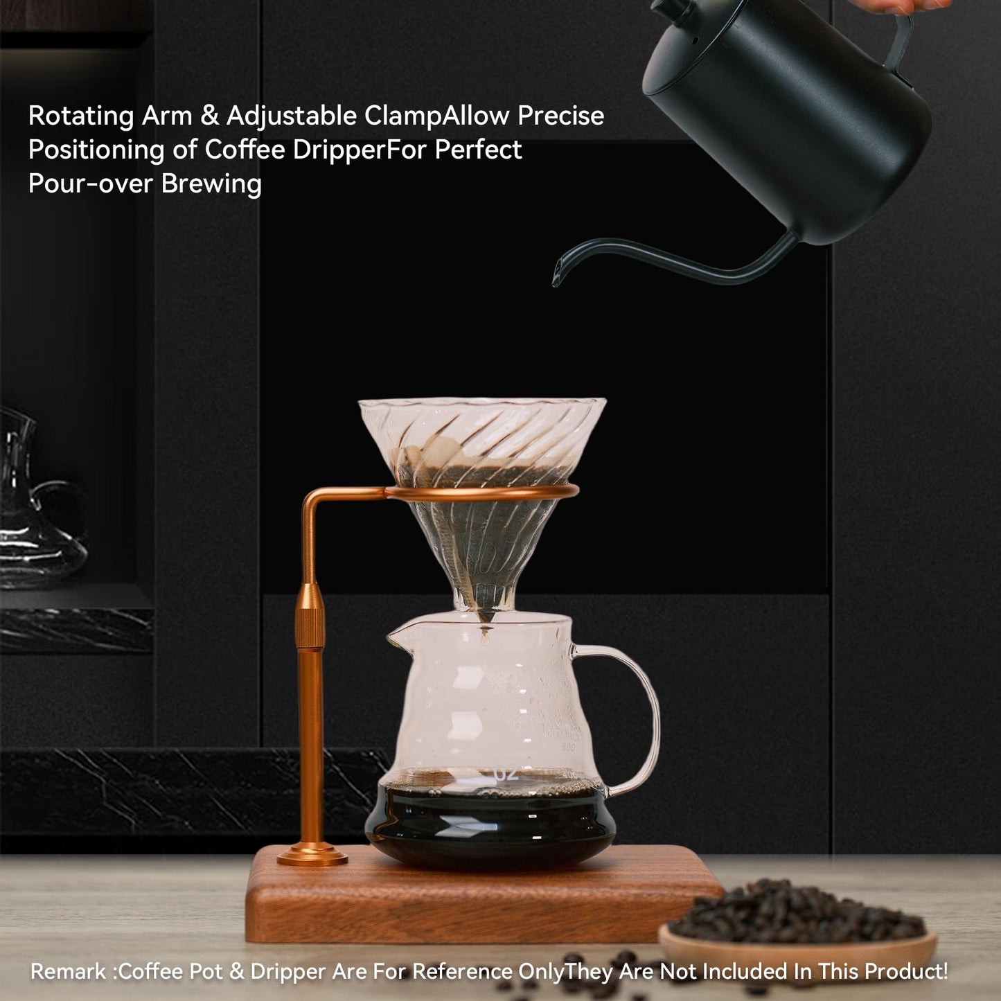 Svfreyavis Pour Over Coffee Maker with Adjustable Stand & Wooden Base, Dripper Stand for Manual Coffee Brewing, Coffee Filter Holder, Tea Strainer Stand for Home, Café, Restaurant, Camping, Golden
