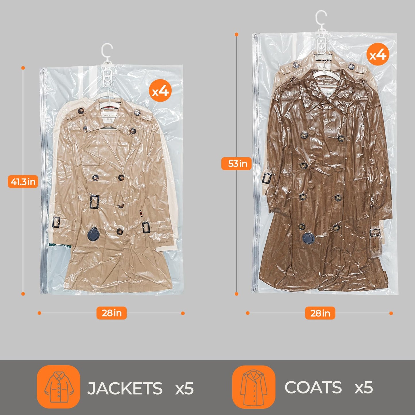 Vacbird Hanging Vacuum Storage Bags for Clothing 8 Pack Hanging Vacuum Seal Bags for Clothing Suit Bags Closet Storage, Hanging Plastic Clothes Cover for Coat, Dress, Fur, Shirt