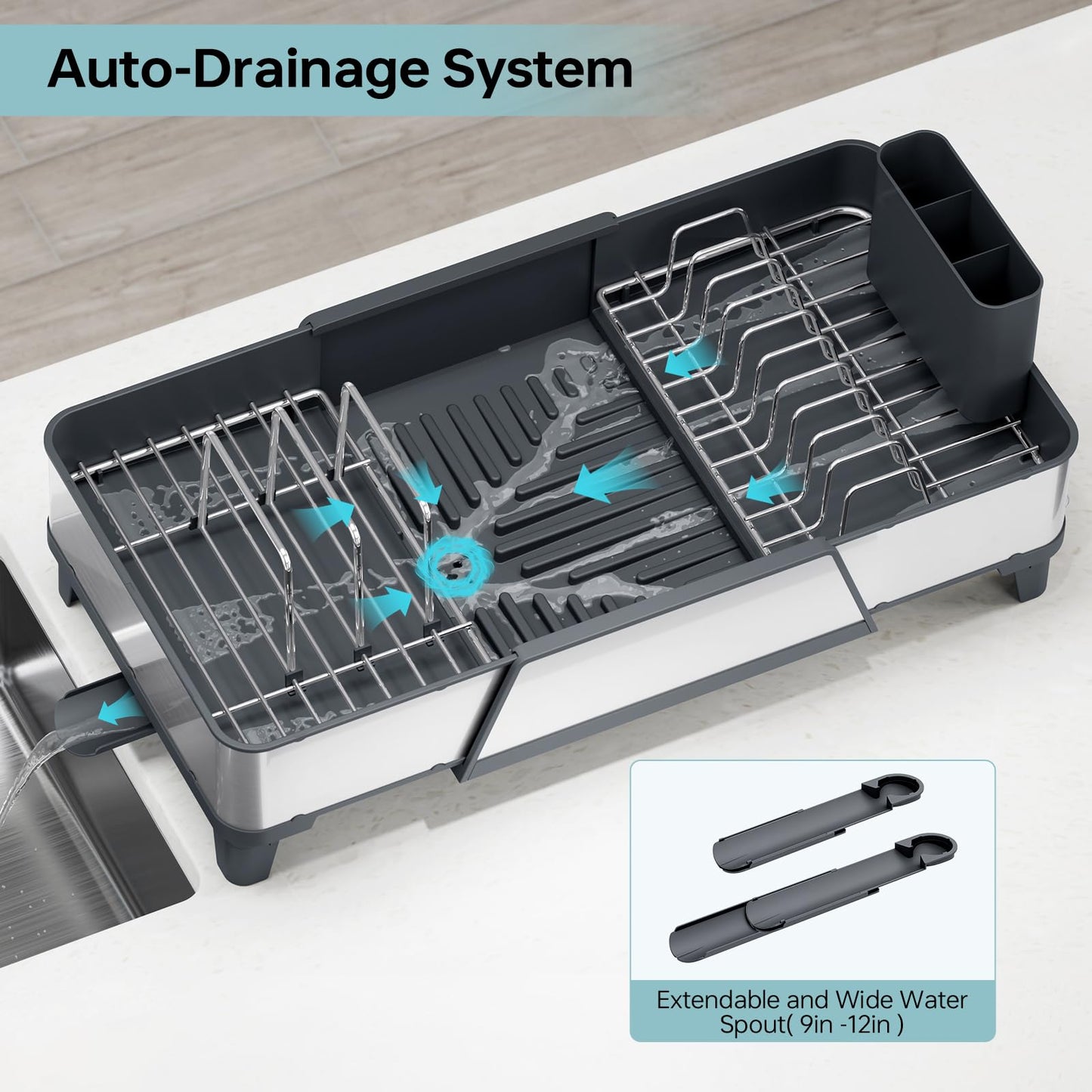 Urackify Large Dish Drying Rack - Triple Expandable Dish Rack for Kitchen Counter, Stainless Steel Sink Organization and Storage Essentials with Utensil & Pans Holder for Home and Appartment, Gray