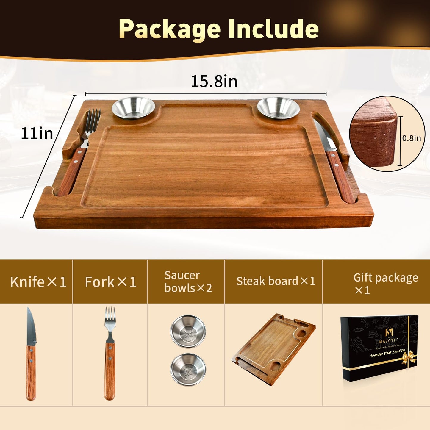 2 Set Acacia Wood Steak Plates Board with Knife Fork Ramekins,Knife-Friendly Food Serving Tray Deep Juice Groove Charcuterie Meat Cutting Boards for Dinner BBQ Party Restaurant & Housewarming Gifts