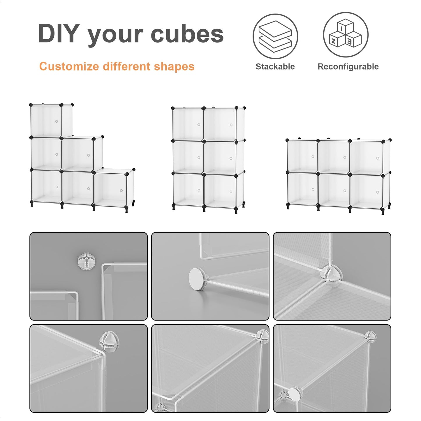 ATTDETJL Cube Storage Organizer, 6-Cube Shelves Unit with Doors, DIY Stackable Plastic Clothes Organizer for Bedroom and Under Stairs Storage Unit, Each Compartment 30 x 30 x 30 cm White