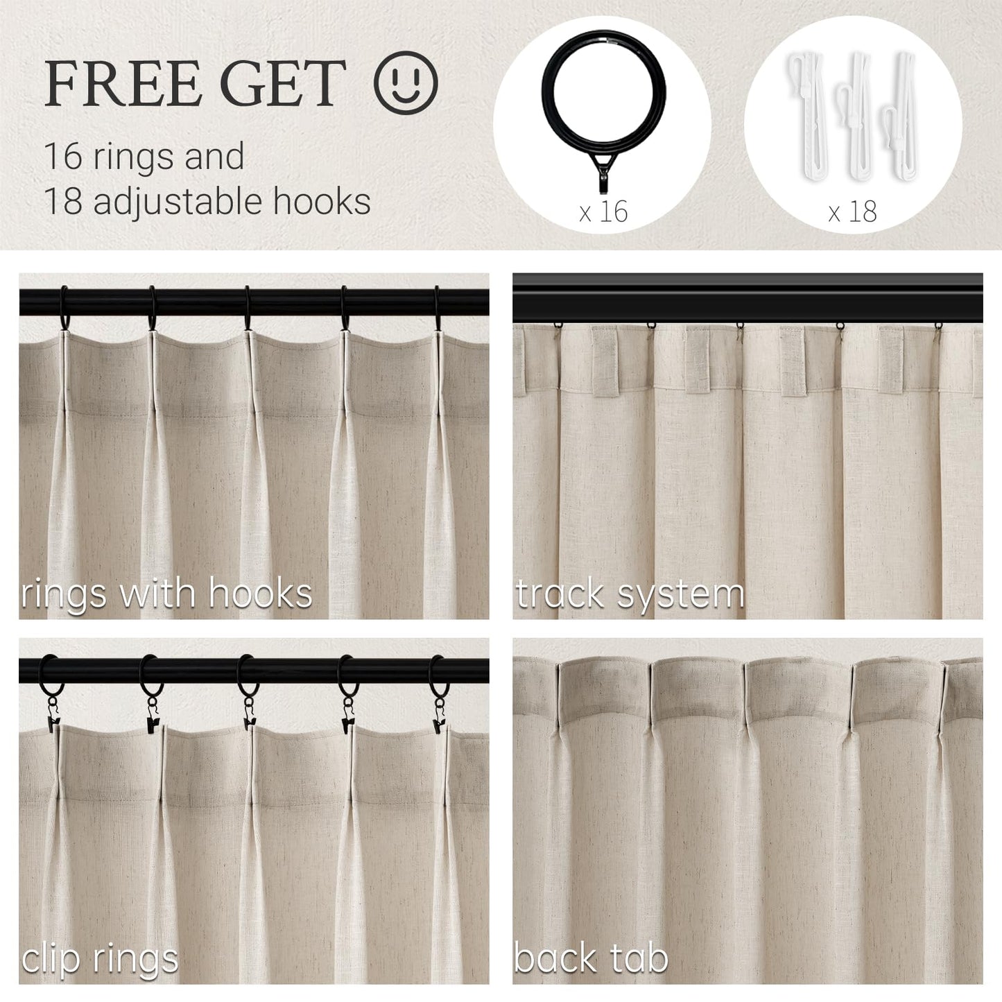 96 Inches Long Pleated Sheer Curtains,Oatmeal Linen Blended Light Filtering Window Curtains 96 Length 2 Panels for Living Room Bedroom Pinch Pleat Drapes with Hooks 2 Panels 40" Wx96 L,Light Camel