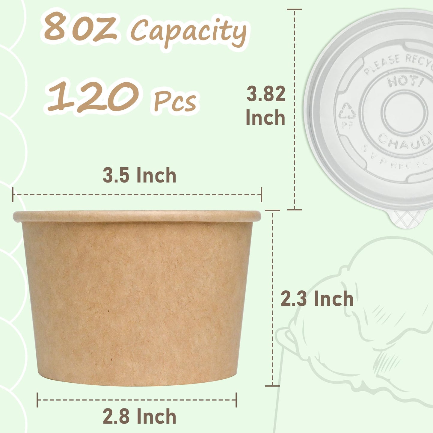 ESSENTIAL Paper Ice Cream Cups with Lids, 120pcs 8oz Disposable Dessert Bowls with Lids for Hot or Cold Food, Paper Snack Containers for Sundae, Frozen Yogurt, Soup (Brown)