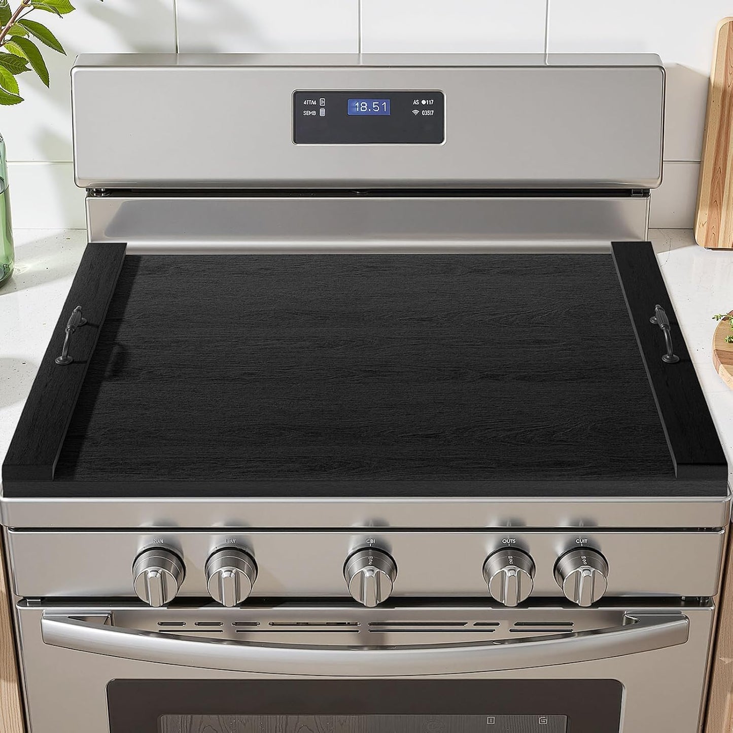 TIRYIUOU Gas Stove Top Cover: Wooden 30 * 22 Inches Electric Stovetop Covers, Noodle Board with Handles, Wood RV Cutting Board for Kitchen Counter (Black)