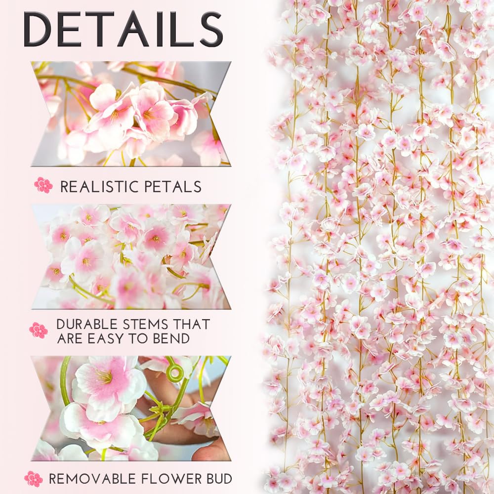 YRIOWMI 10PCS 59FT Artificial Silk Cherry Blossom Garland, Hanging Sakura Flower Vines for Wedding Party Home Arch Office Sakura Decor (Light Pink)