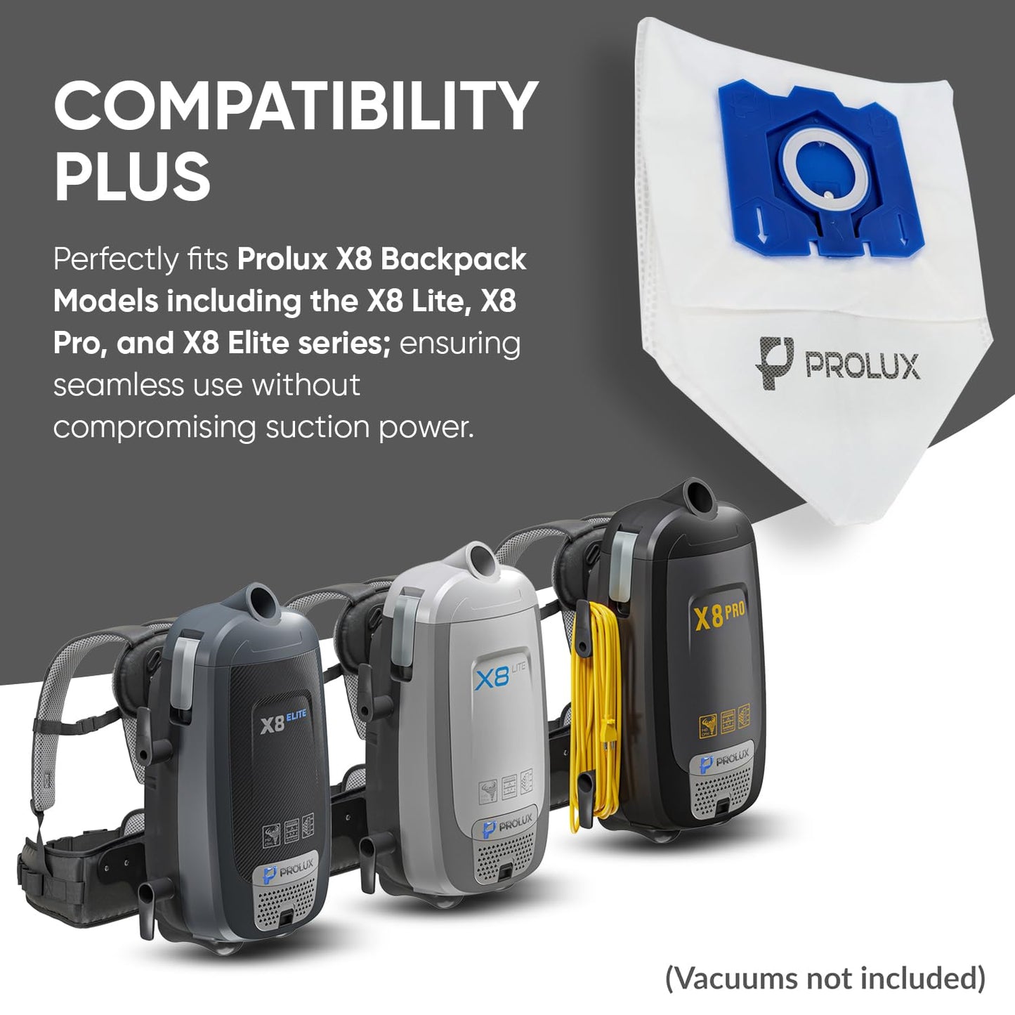6 pack of HEPA bags and 2 post Filters for the Prolux X8 series backpack vacuum cleaners