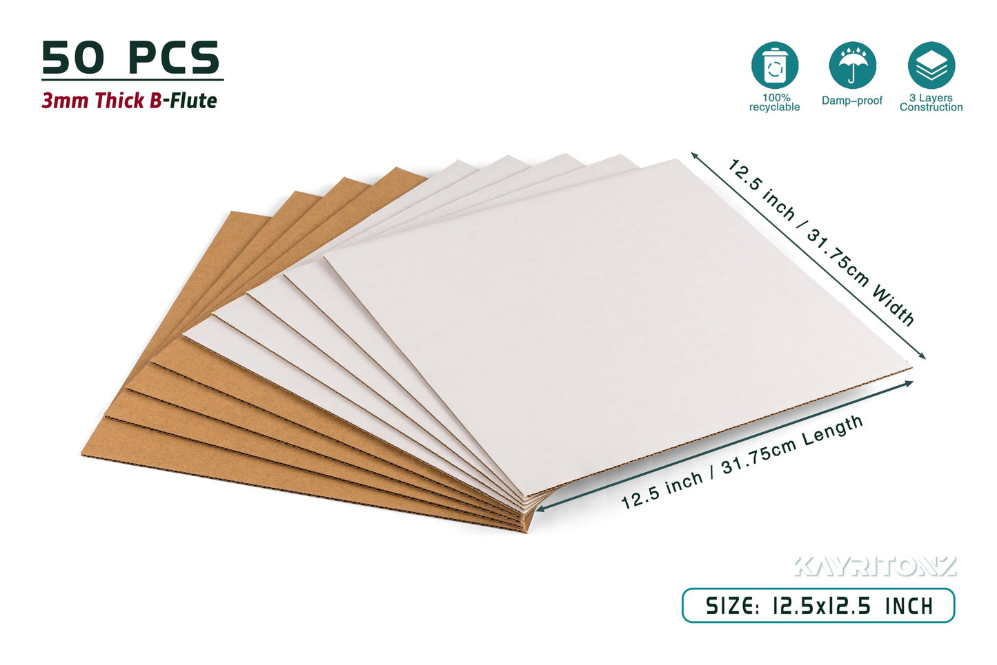 Kayritonz 12.5x12.5 inch Corrugated Cardboard Sheets - 12-inch LP Record Insert Pads for Shipping, Mailing, Packaging, Art Supplies, DIY Crafts, 1/8" Thick Protective Sheets, One-Side White, 50 PCS