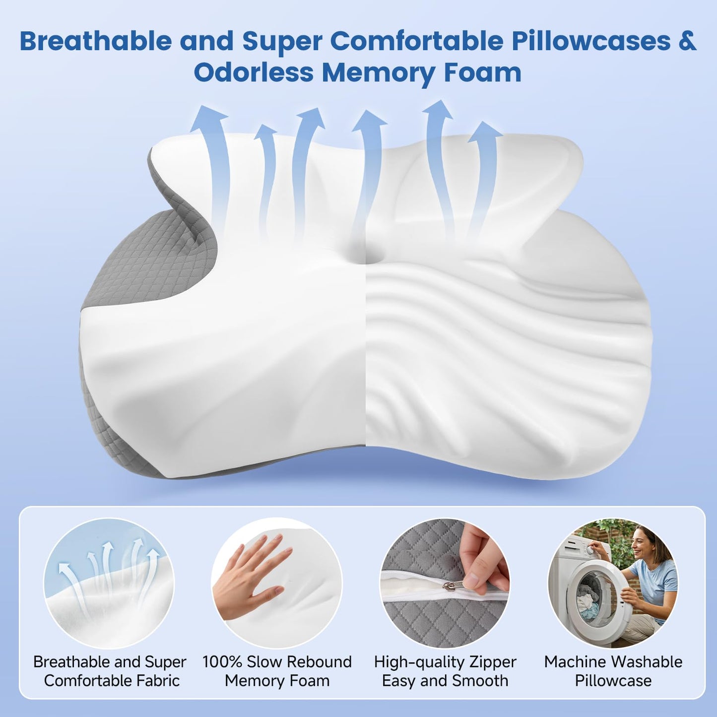 Cervical Neck Pillow for Pain Relief Support, Orthopedic Memory Foam Pillow with Dual Height 4.3" & 5.1" Loft for Side and Back Sleepers, Ergonomic Contour Bed Pillow with Breathable Removable Cover