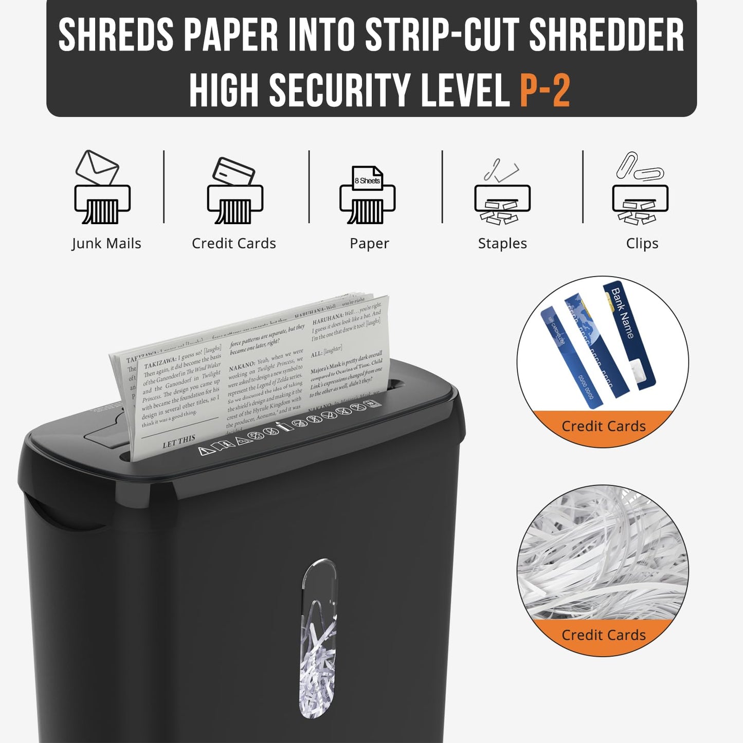 Suntiko 10-Sheet Strip Cut Paper Shredder, P-2 Security Level for Home Office, 3.17 Gallon Bin, Shreds CDs & Credit Cards, ETL Certified, Black