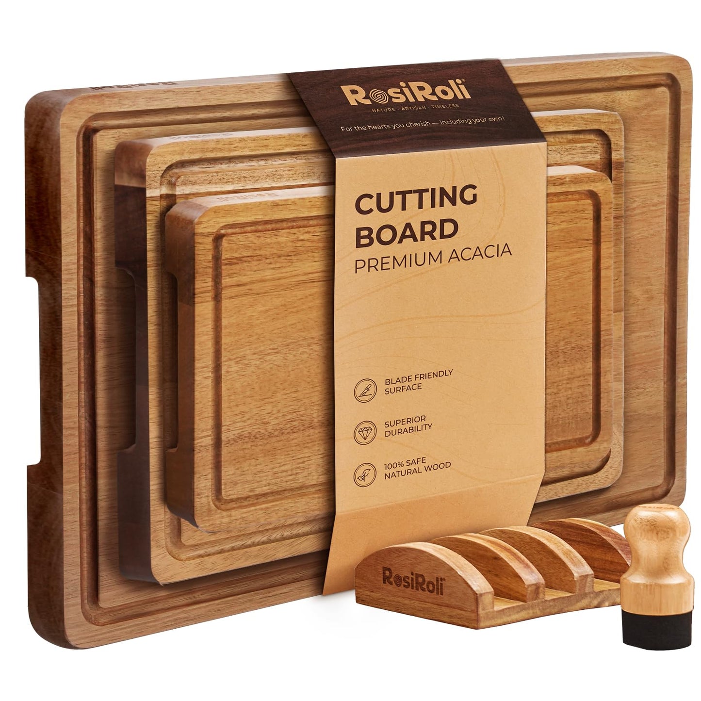 RosiRoli Acacia Wood Cutting Board for Kitchen, Set of 3 - Durable Thick Chopping Boards with Juice Grooves & Handles for Prep & Serving, Impressive Gift for Housewarming, Kitchen Gifts for Mom
