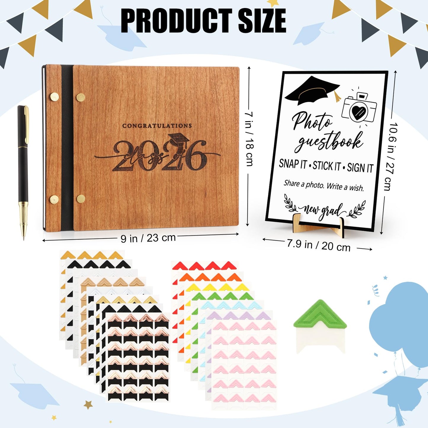 Thenshop 2026 Graduation Guest Book Set, Wooden Photo Album Scrapbook 126 Pages, Guest Book Sign, Pen, 360 DIY Photo Corners for Class of 2026 Grad Party Decorations Favors Gifts (Natural Wood)