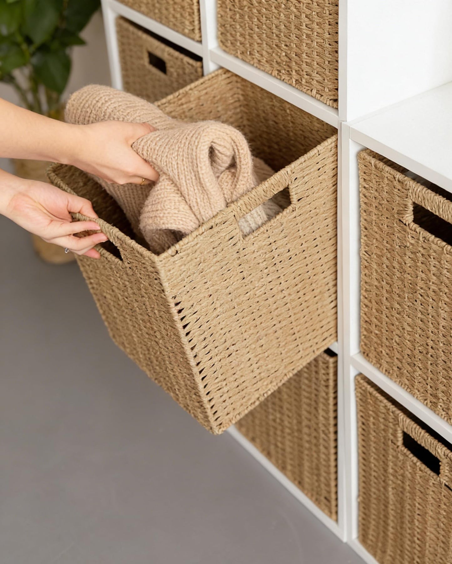 Paper Woven Foldable Storage Baskets 4 Pack, 11 Inch Cube Storage Bins, Handmade Paper Material Collapsible Organizer for Shelves & Home Organization, Ideal for Clothes Books Toys Snacks (Natural)