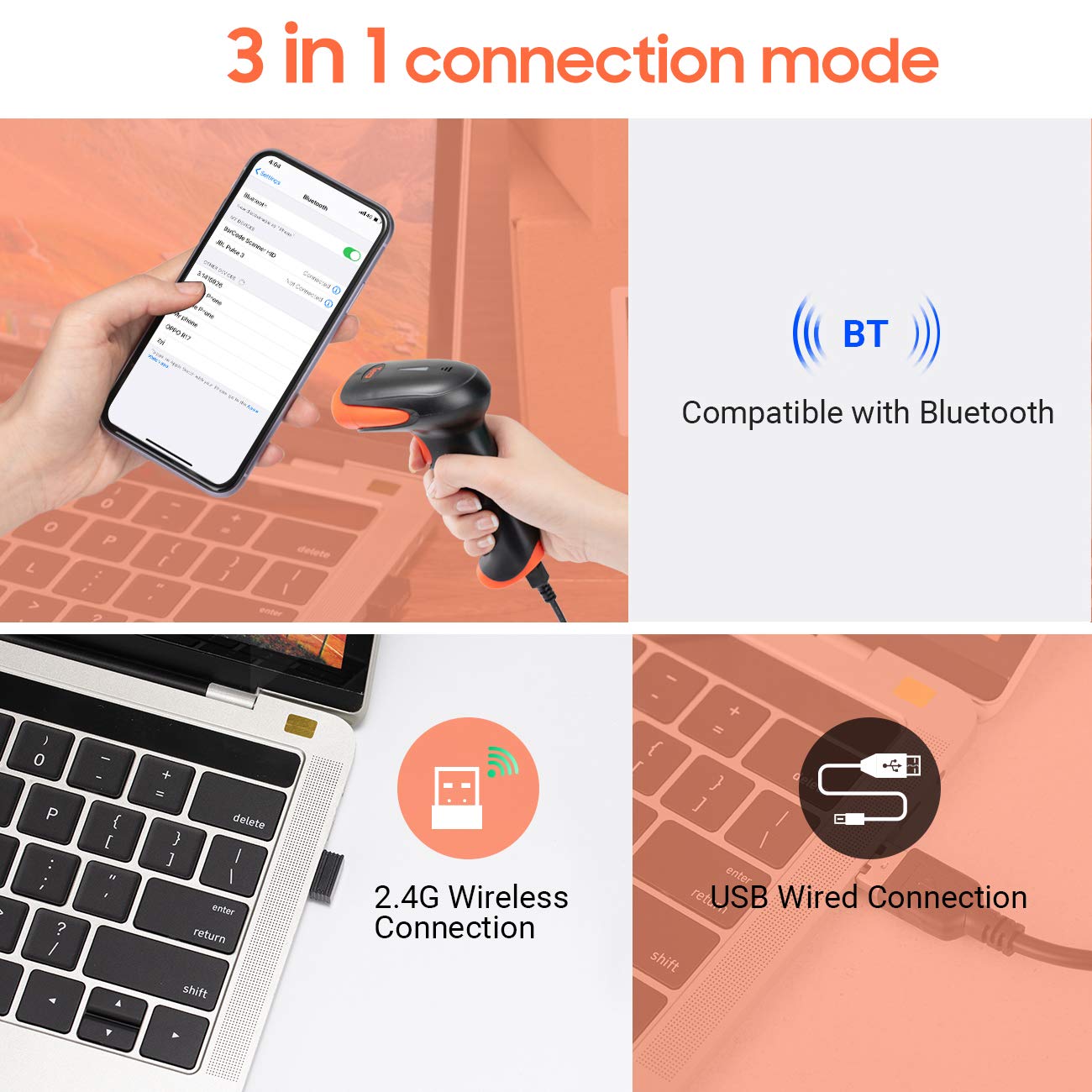 Tera Wireless 2D QR Barcode Scanner with Stand, 3 in 1 Compatible with Bluetooth & 2.4GHz Wireless & USB Wired Barcode Reader Handheld Bar Code Reader HW0001