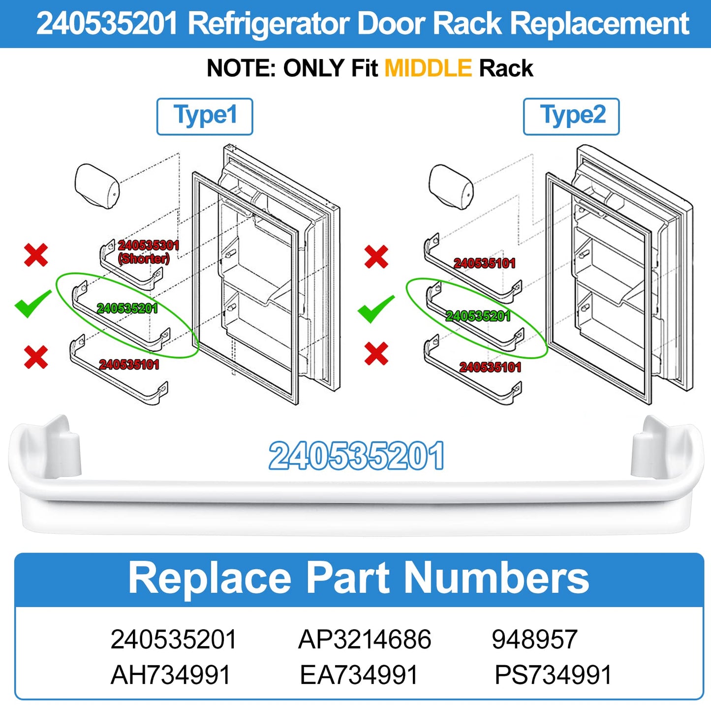 UPGRADED 240535201 Refrigerator Door Rack Bar Replacement Compatible with Frigidaire Kenmore Refrigerator Door Shelf Replacement Parts AP3214686, AH734991,FRT17B3AZB, LFHT1513LW0,FRT15 Door Shelf Rack