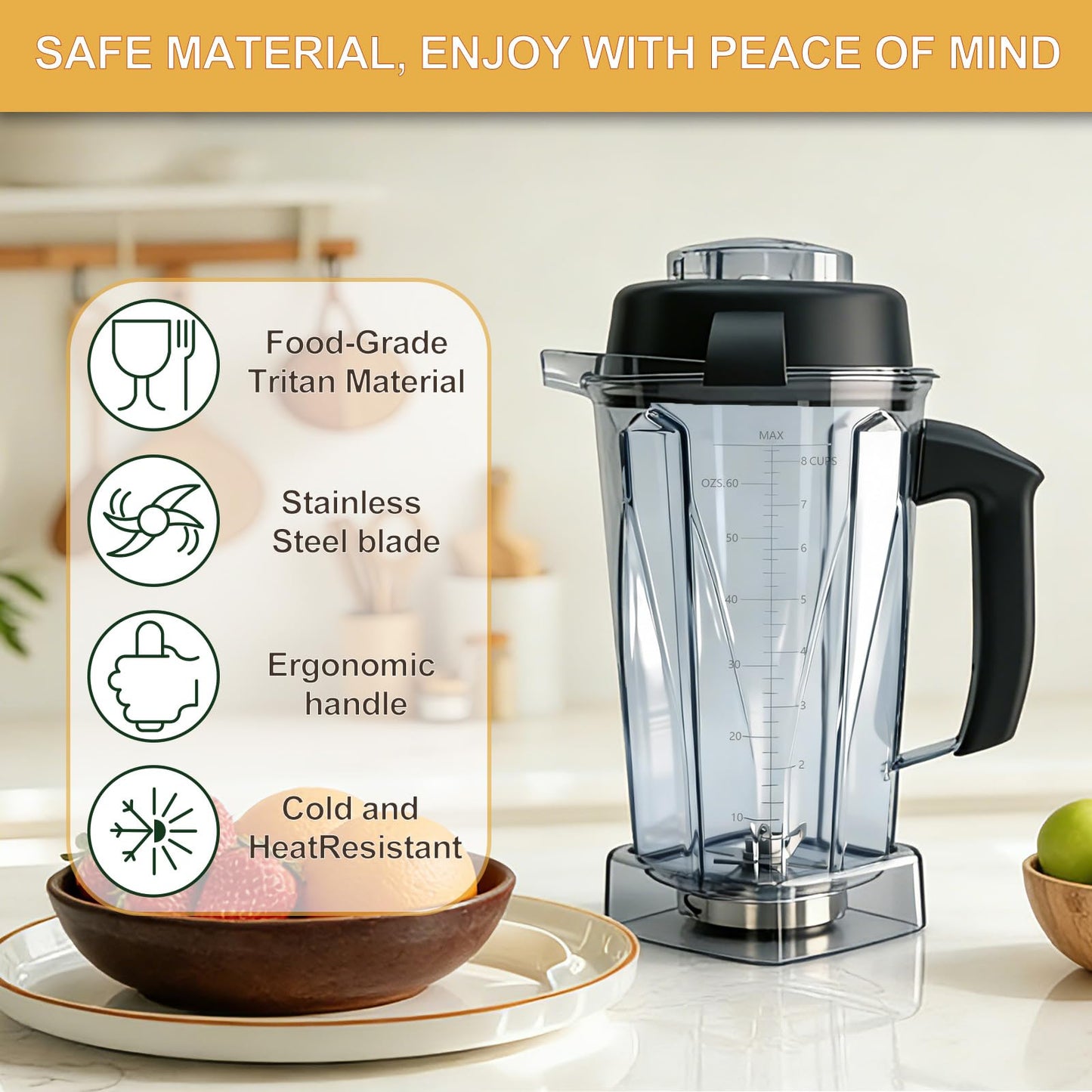 Blender Pitcher 64oz Replacement Container Compatible with Vitamix 5200, 5300, 6300, 7500, E310, VM0197, VM0101, VM0100, VM0103 Classic & Explorian Series 5-Year Warranty