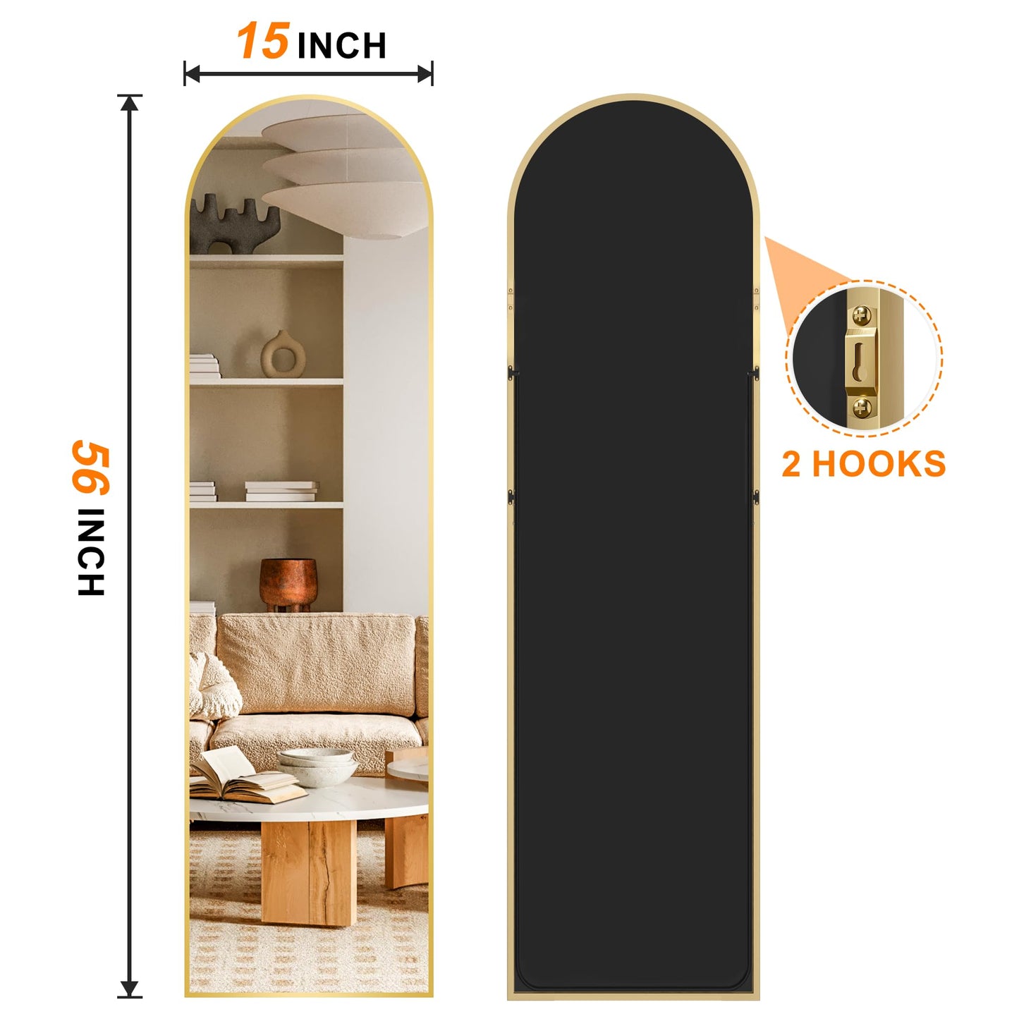 TRAHOME Arched Full Length Mirror, 56"x15" Standing Body Mirror for Wall, with Aluminum Alloy Frame for Bedroom, Living Room, Dressing Room(Gold)