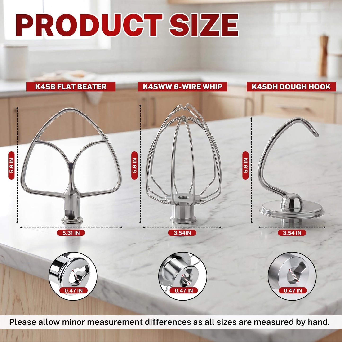 Stainless Steel Attachments 3 Piece Set for KitchenAid 4.5-5 Quart Tilt Head Stand Mixer, Includes K45B Flat Beater, K45DH Dough Hook and K45WW Wire Whip, Dishwasher Safe and Heavy Duty
