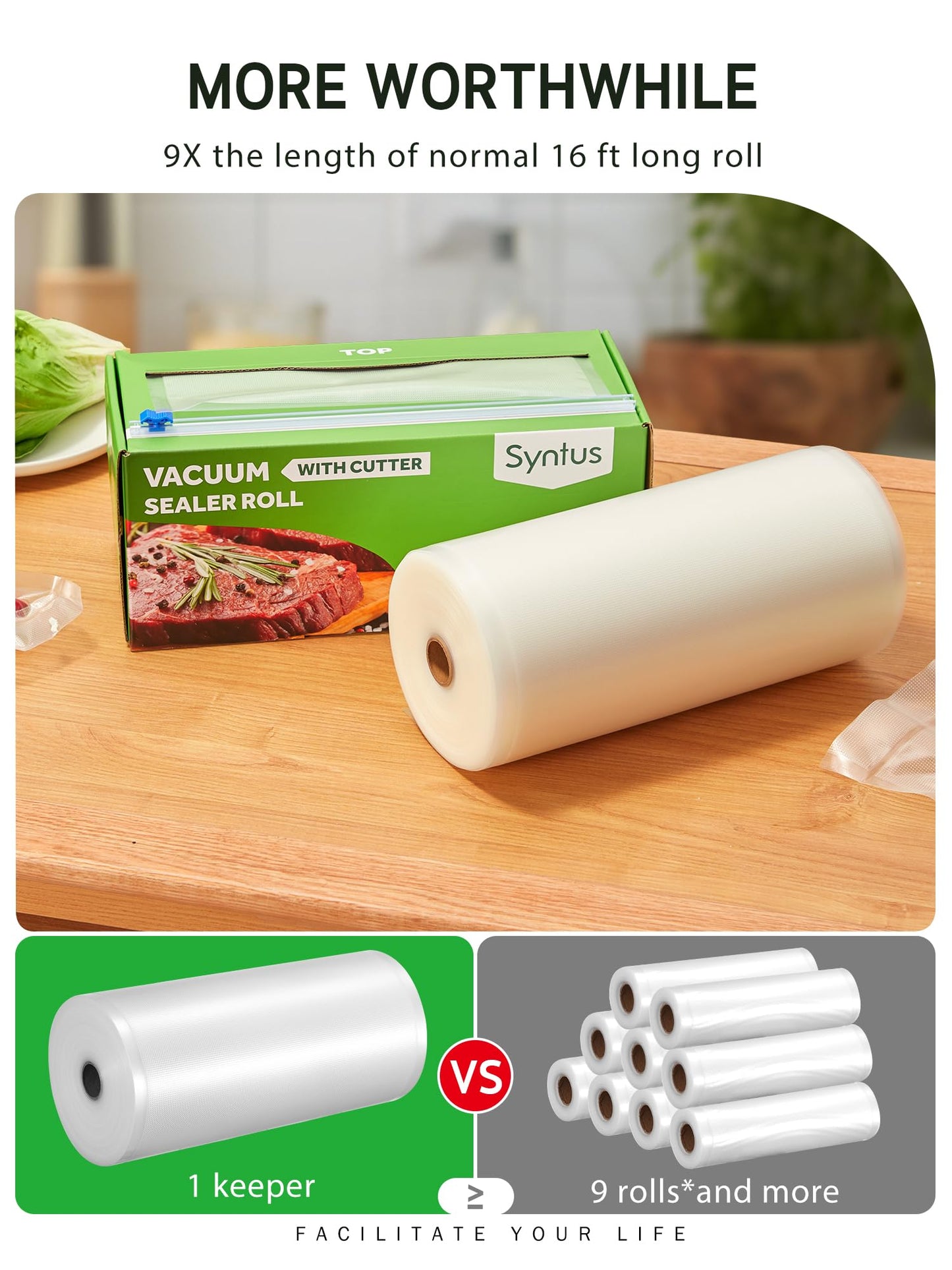 Syntus 11" x 150' Food Vacuum Seal Roll Keeper with Cutter Dispenser, Commercial Grade Vacuum Sealer Bag Rolls, BPA Free Food Vac Bags, Ideal for Storage, Meal Prep and Sous Vide