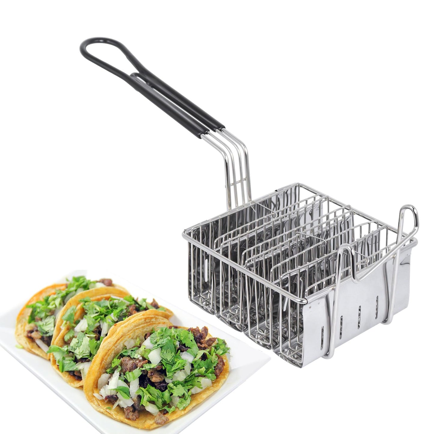 4 Shells Taco Fryer Basket Stainless Steel Taco Fryer Holds Kitchen Deep Fry Basket with Handle Flat Bottom Frying Shell Mold