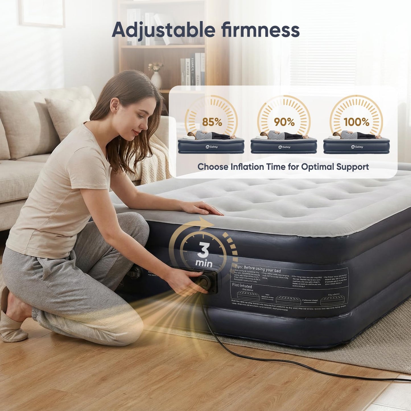 Sekey Twin Air Mattress with Built in Pump, 16" Raised Compact Blow up Mattress, Inflatable Mattress for Camping Guest Home, Portable Travel Air Bed, 3-Min Quick Inflation Deflation, Colchon inflable