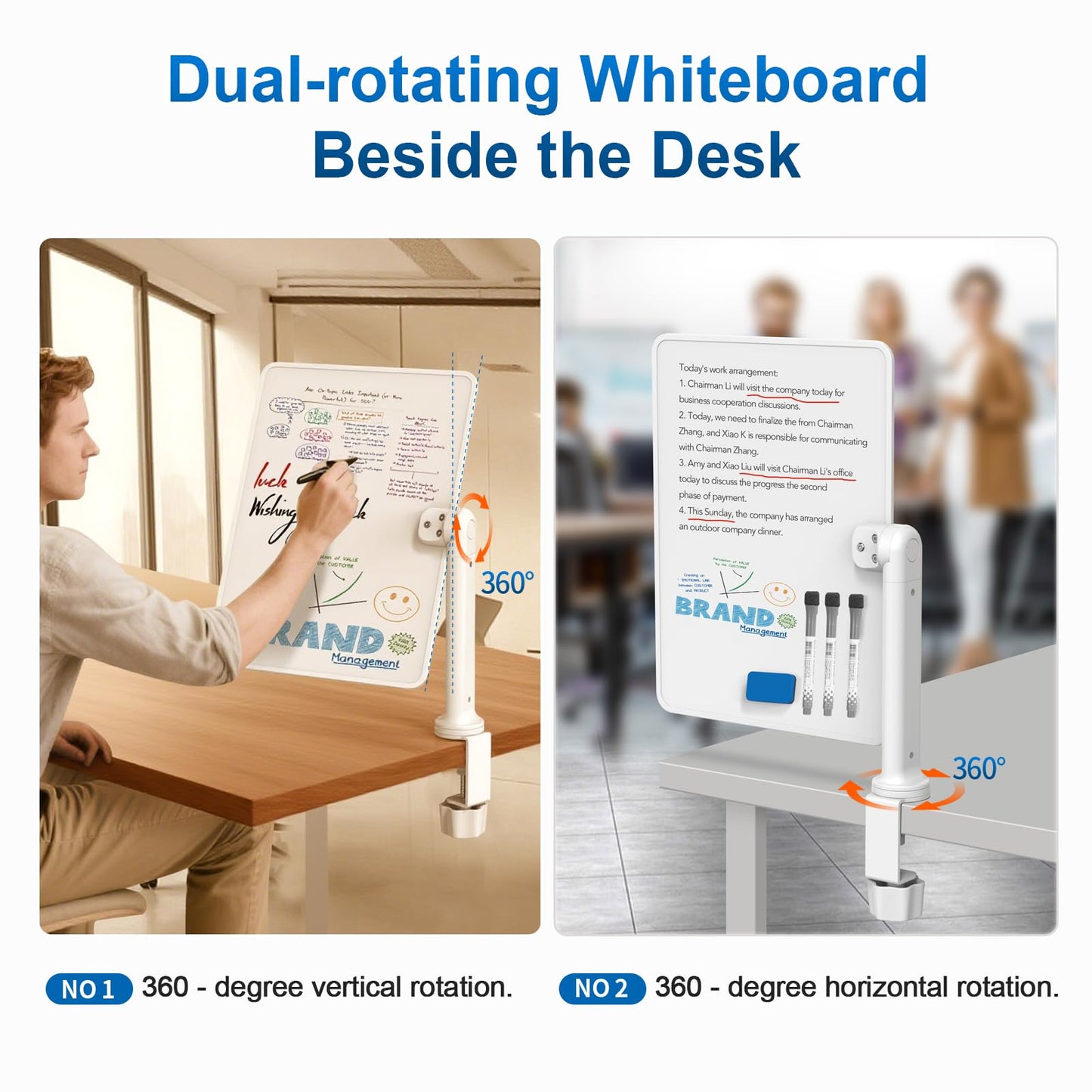 Double-Sided Desk Whiteboard with Dual 360 Swivel - 16" x 12" Clamp-On Desktop Whiteboard for Tables Under 2.3" Thick for Office, Home, School (2pc)