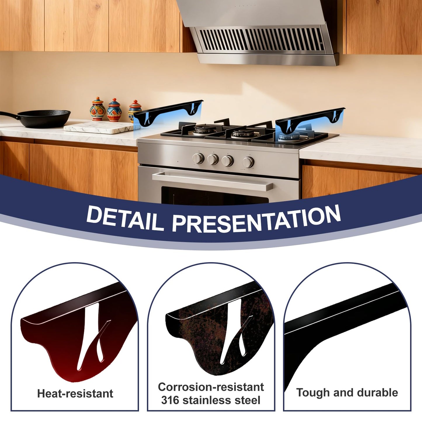 Upgrade 316 Stainless Steel Stove Gap Covers (2 Pack, 23.4”, Black), Heat-Resistant Stove Gap Filler for Kitchen Counter and Stovetop, Range Trim Kit Oven Gap Guard Between Stove and Counter