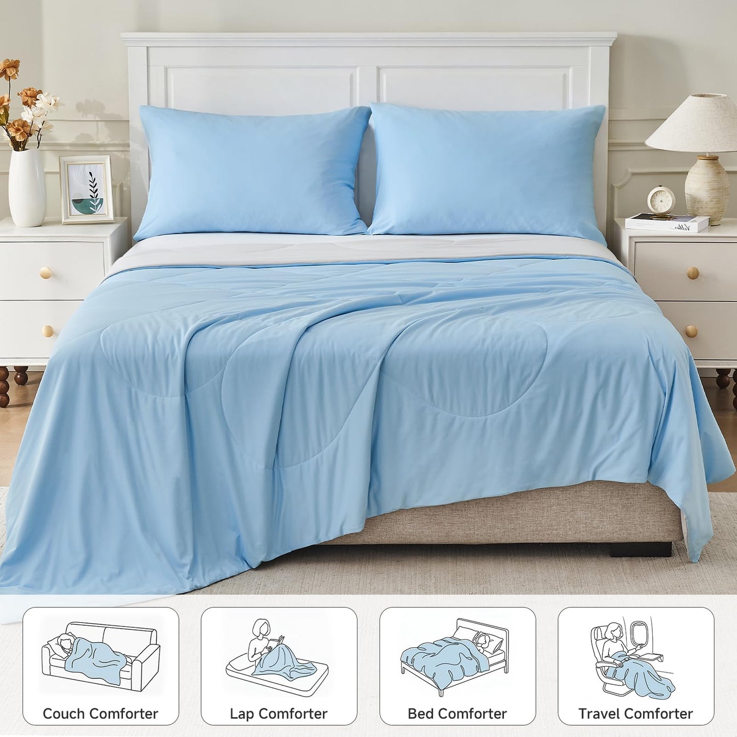 HOMFINE Cooling Comforter Japanese Double-Sided Cold Tech Fabric Cooling Blanket for Night Sweats Hot Sleepers, Q-Max 0.45 Soft Breathable Silky Smooth Lightweight, Blue Summer Comforter Queen