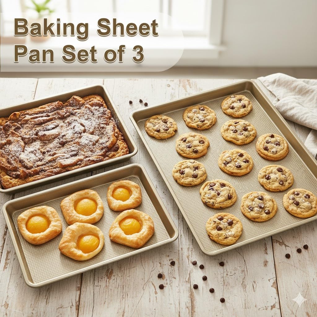 FLAREFX Baking Sheet Pan Set of 3 | Nonstick Cookie Sheets for Baking Supplies | No Rust & No Toxic Carbon Steel Half Sheet Pan+Jelly Roll Pan+Quarter Sheet Pan Set | Heavy Duty Baking Tray for Oven