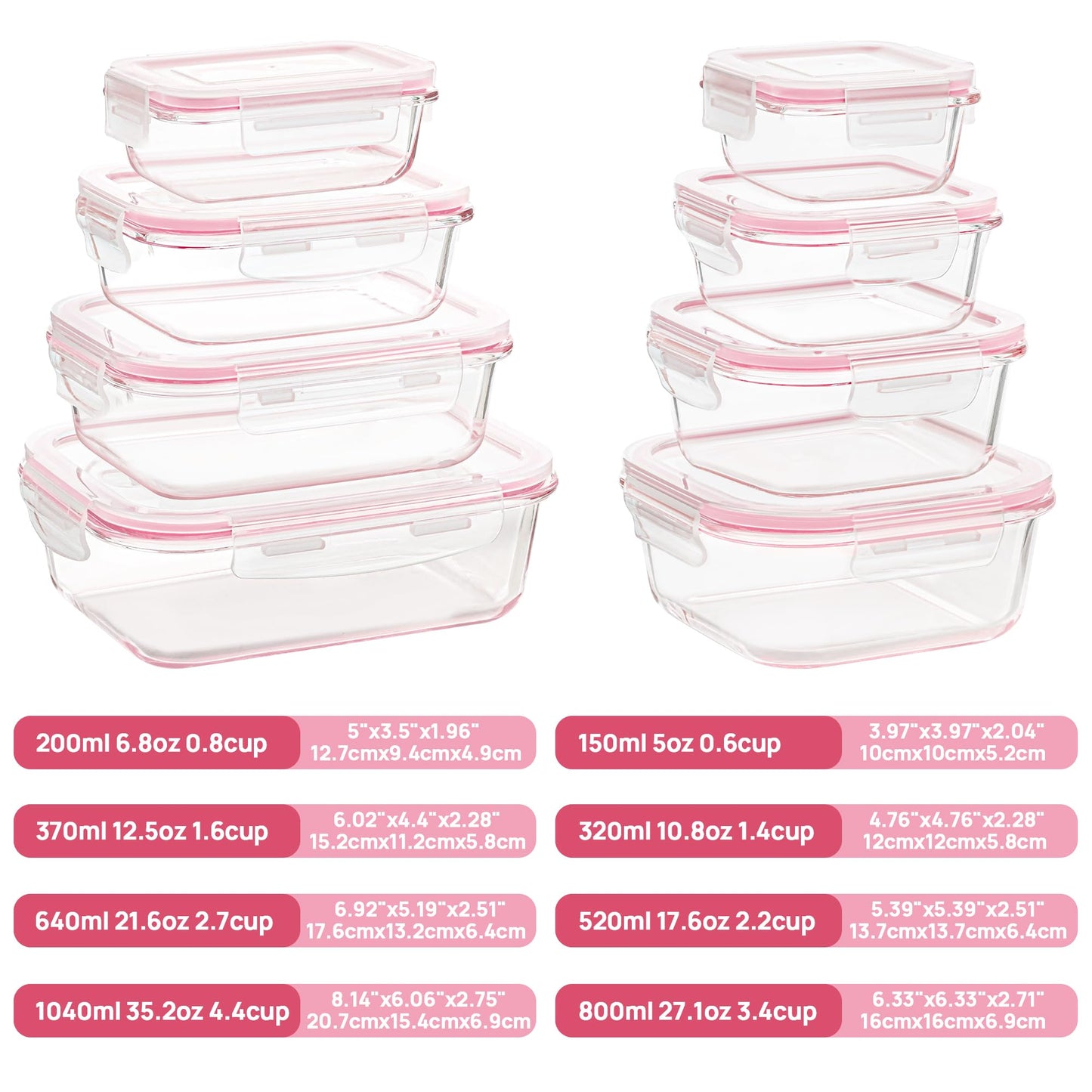 Vtopmart 8 Pack Glass Food Storage Containers with Airtight Lids, Glass Meal Prep Containers, Lunch Containers for Microwave, Oven, Freezer and Dishwasher, BPA Free